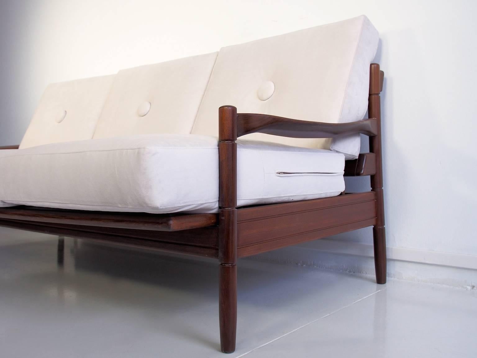20th Century Scandinavian Modern Style Three-Seat White Sofa with Wooden Frame