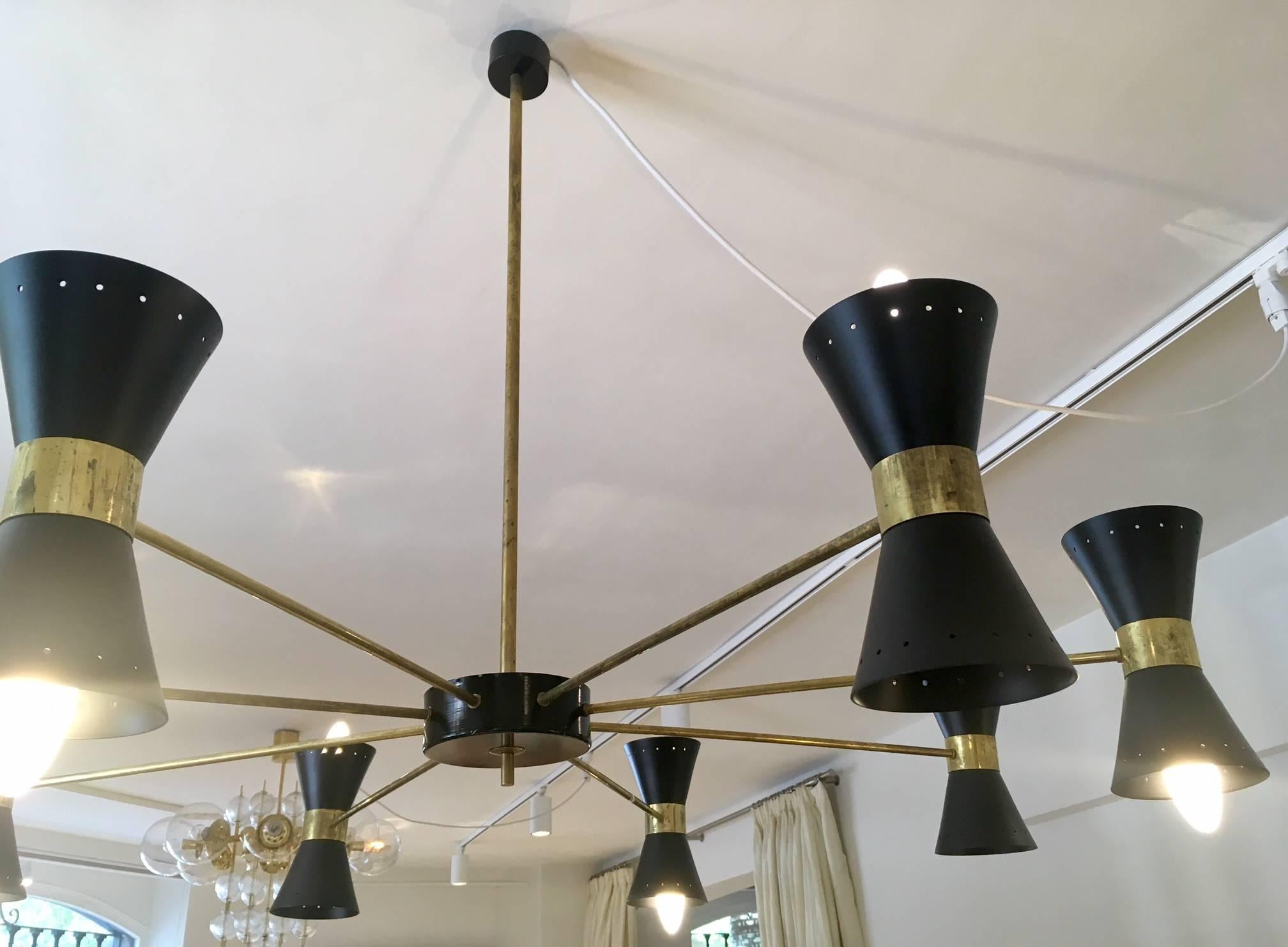 Mid-Century Modern Brass Ceiling Lamp with Sixteen Black Light Scones in the Style of Stilnovo