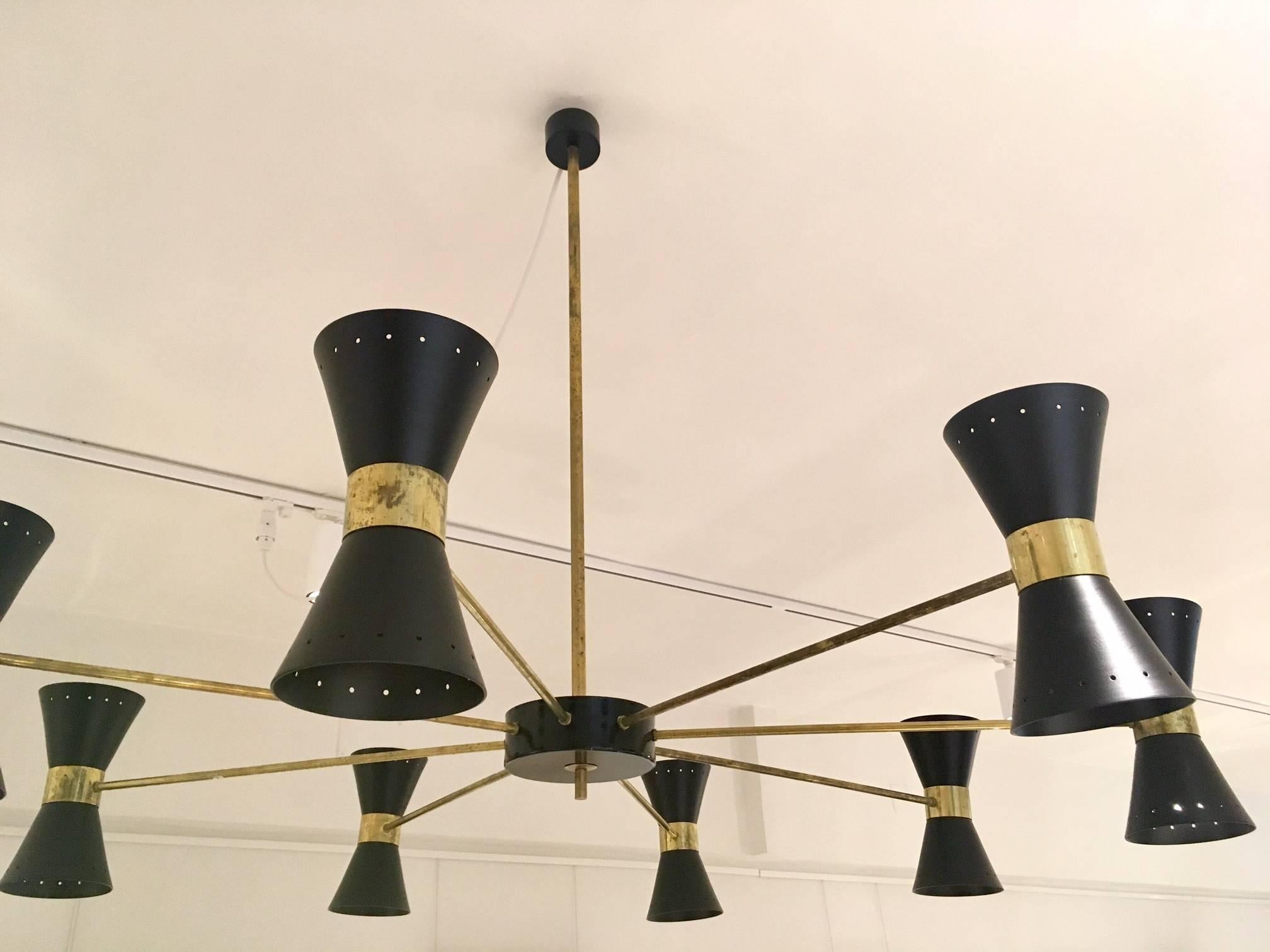 20th Century Brass Ceiling Lamp with Sixteen Black Light Scones in the Style of Stilnovo