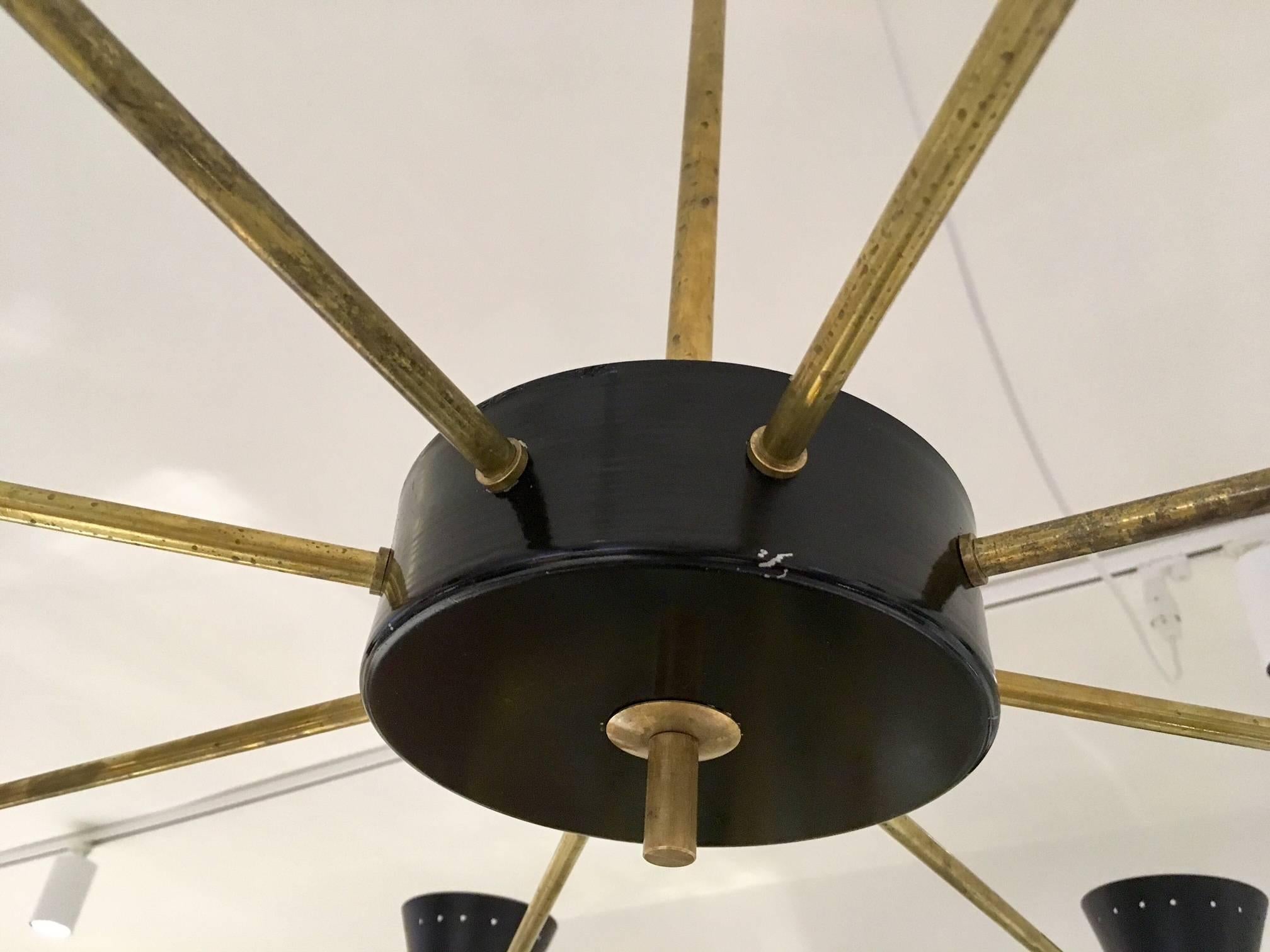 Metal Brass Ceiling Lamp with Sixteen Black Light Scones in the Style of Stilnovo