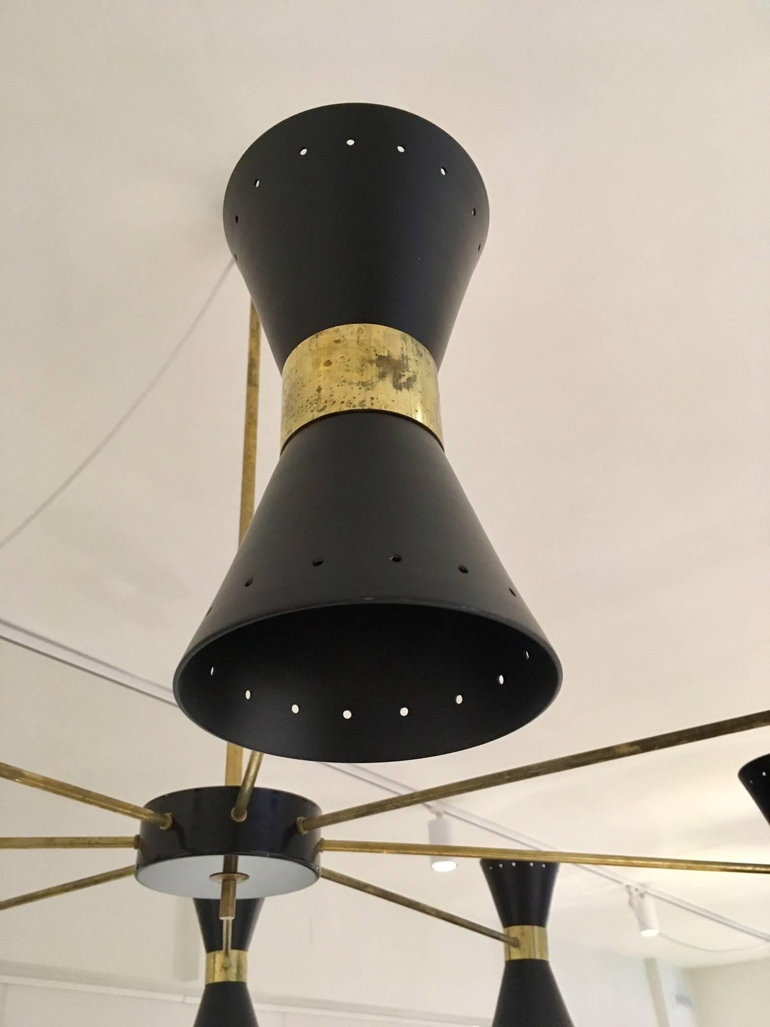 Brass Ceiling Lamp with Sixteen Black Light Scones in the Style of Stilnovo 1