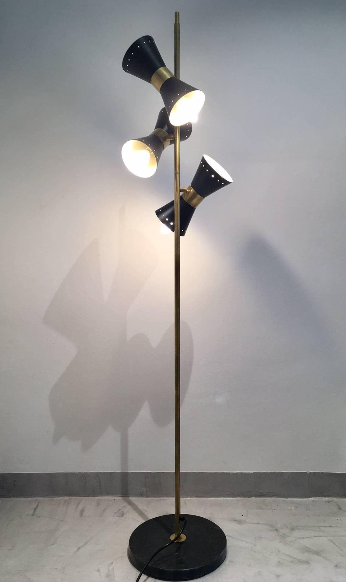 Stilnovo Style Brass Floor Lamp with Three Black Varnished Metal Reflectors 1