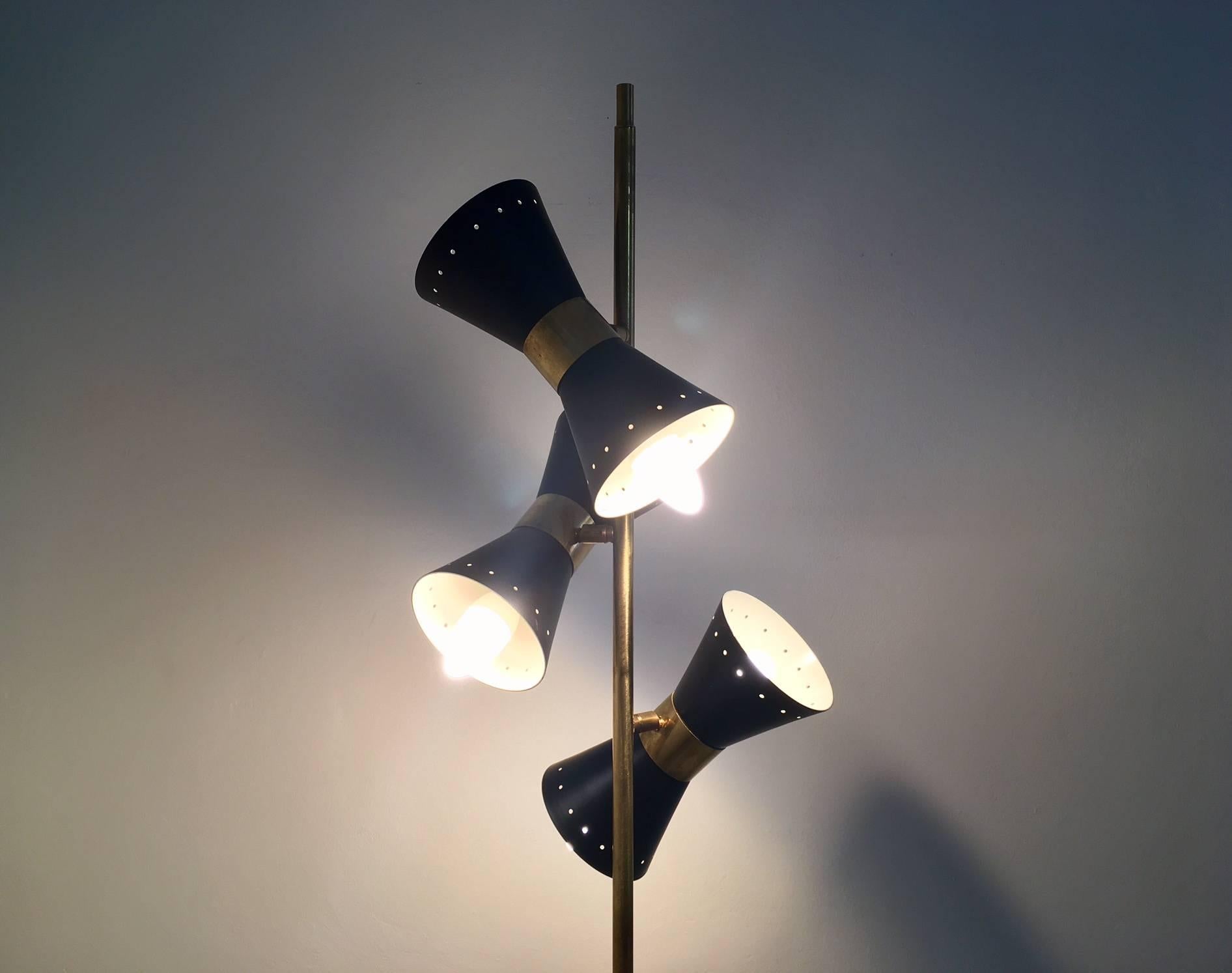 Stilnovo Style Brass Floor Lamp with Three Black Varnished Metal Reflectors 2