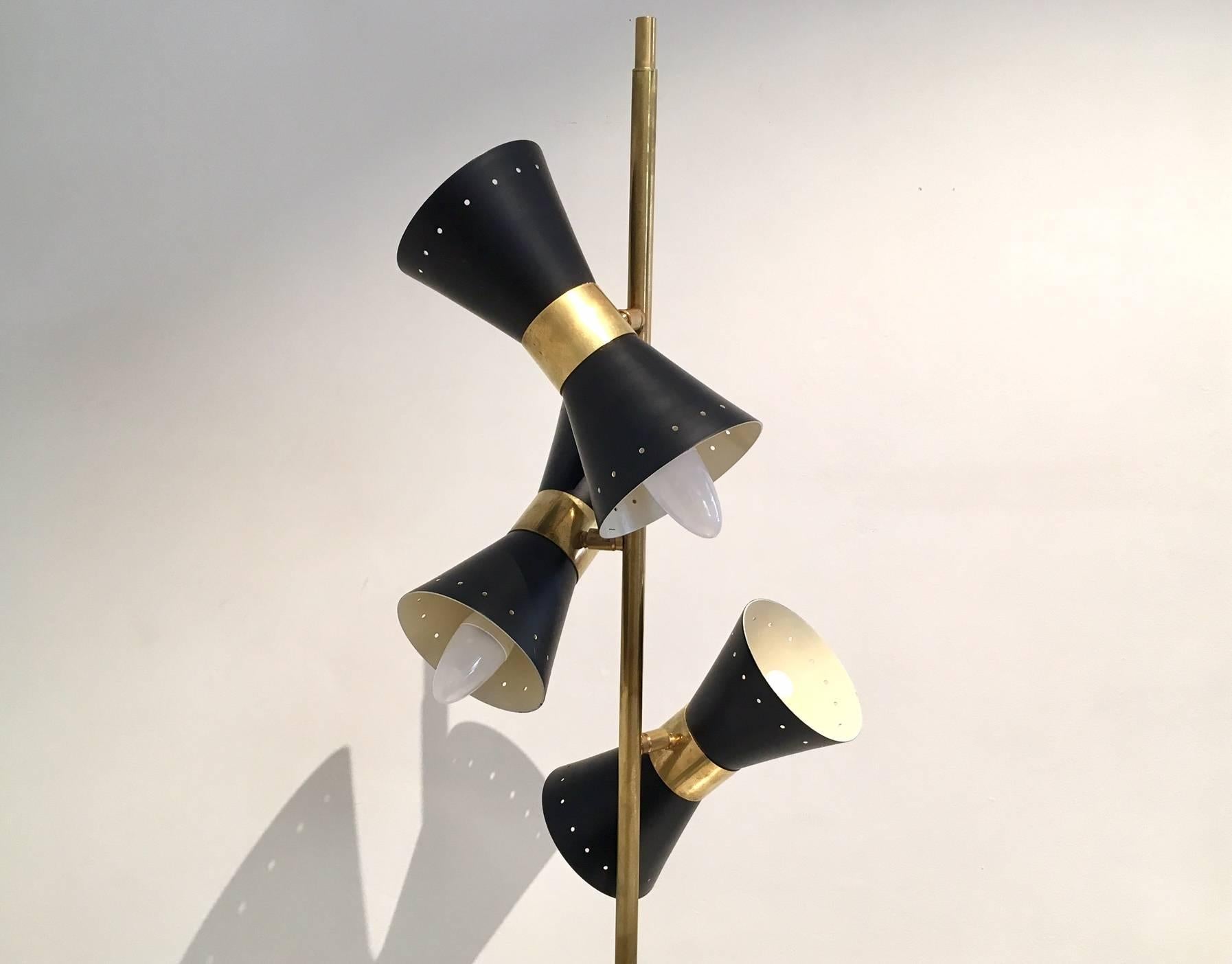Mid-Century Modern Stilnovo Style Brass Floor Lamp with Three Black Varnished Metal Reflectors
