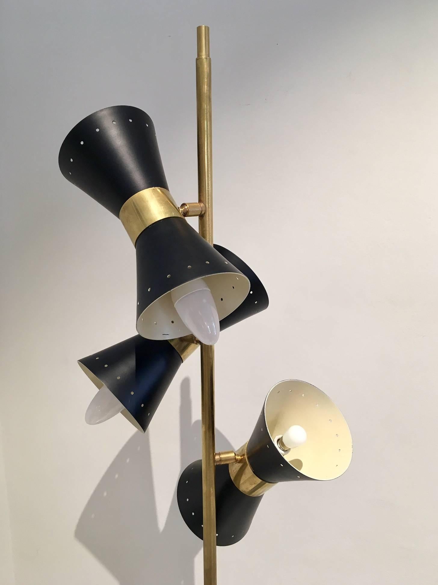 Italian Stilnovo Style Brass Floor Lamp with Three Black Varnished Metal Reflectors