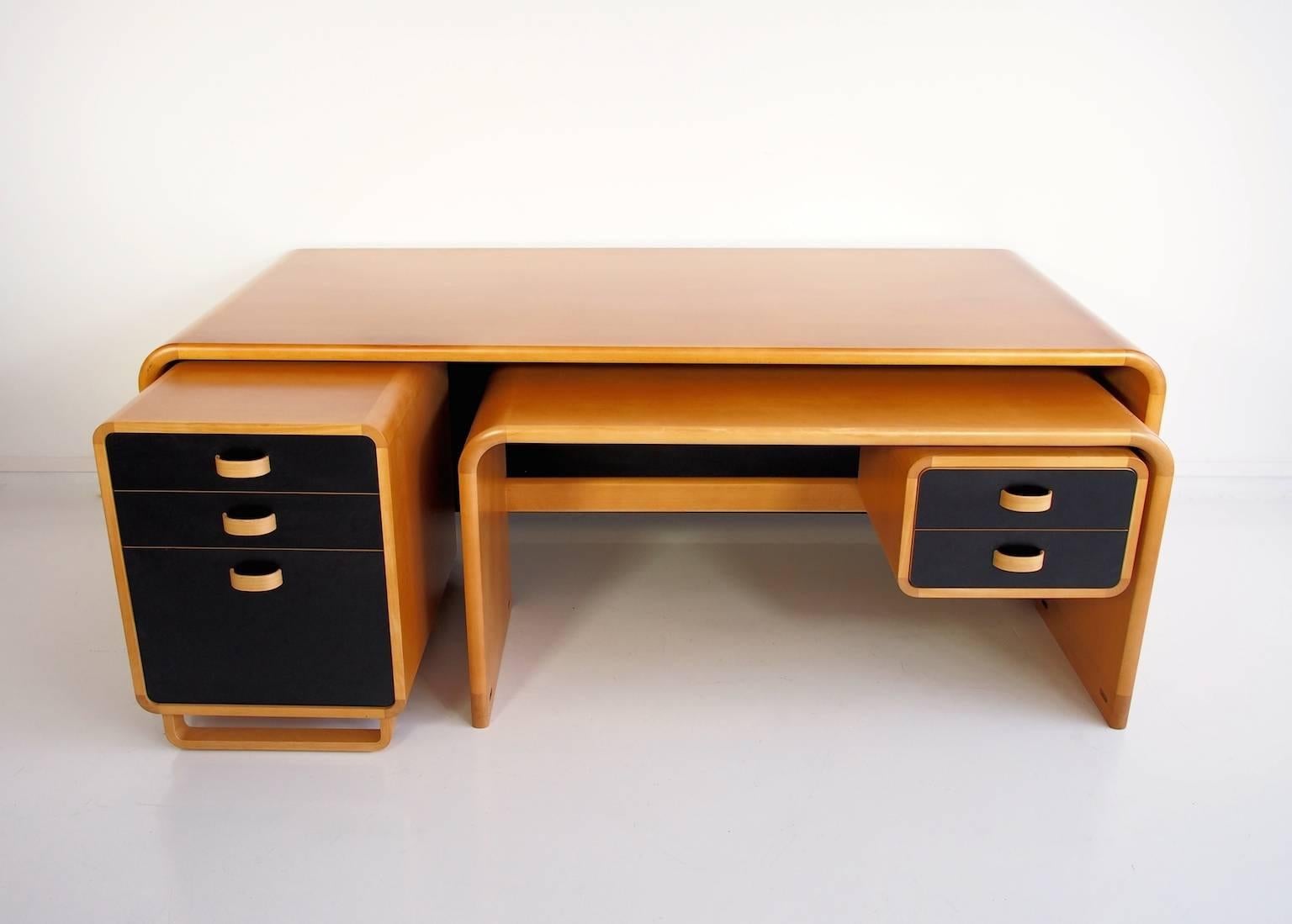 Desk designed by Rud Thygesen & Johnny Sørensen with a side table and a drawer module, veneered with beech. Black painted drawers. Produced in Denmark by Magnus Olesen. Partially restored.