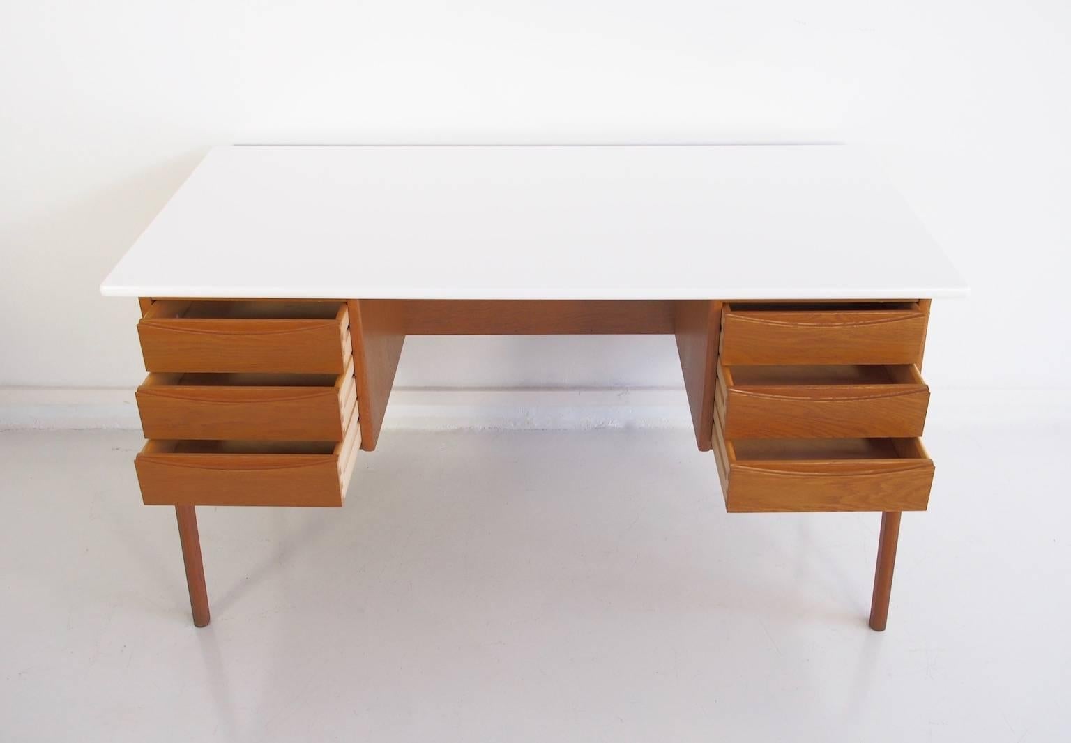 Scandinavian Modern Mid-20th Century Modern Oak Writing Desk with White Tabletop