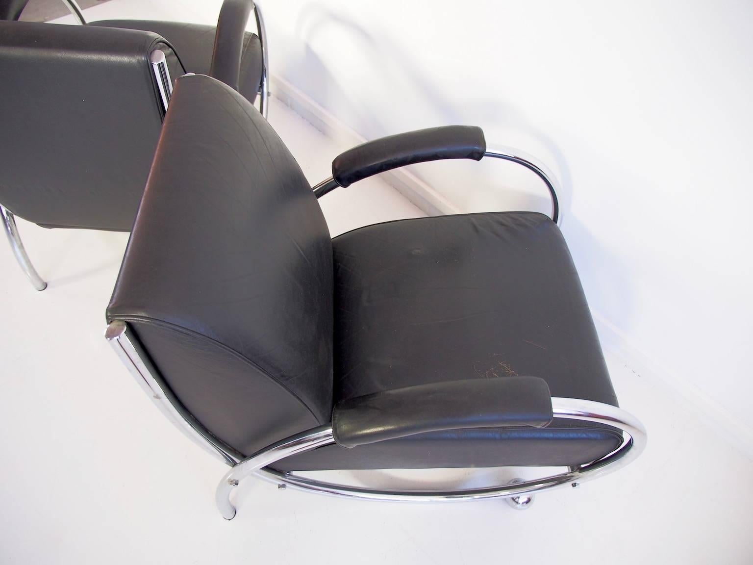 Pair of Chrome and Black Leather Bauhaus Lounge Chairs, circa 1950s 2