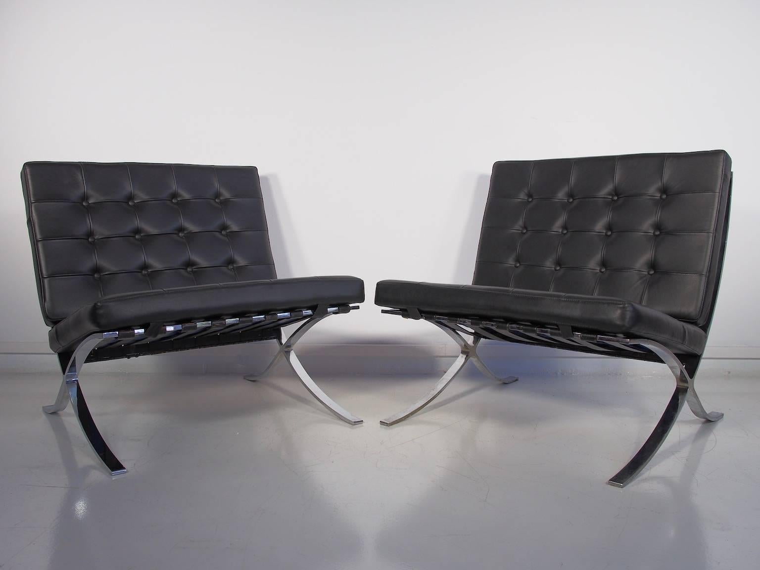 Spanish Pair of Barcelona Black Leather Lounge Chairs by Ludwig Mies van der Rohe