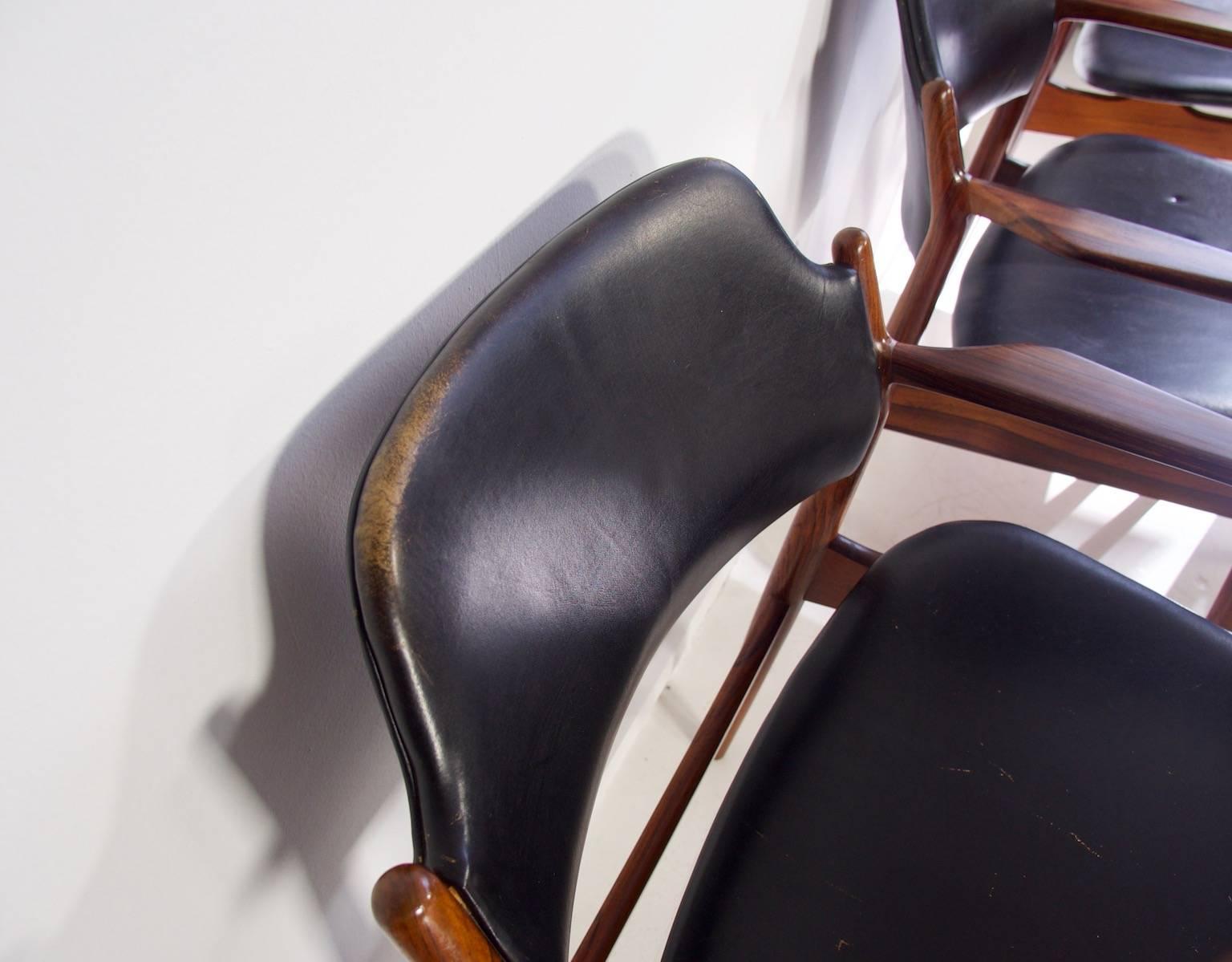 20th Century Arne Vodder for Sibast Black Leather Chairs, Model 62 A - 1961