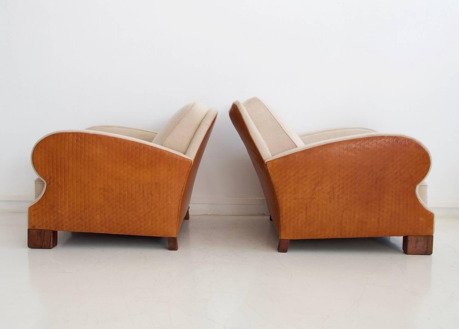 European Pair of Art Deco Style Wool and Leather Upholstered Armchairs, circa 1930