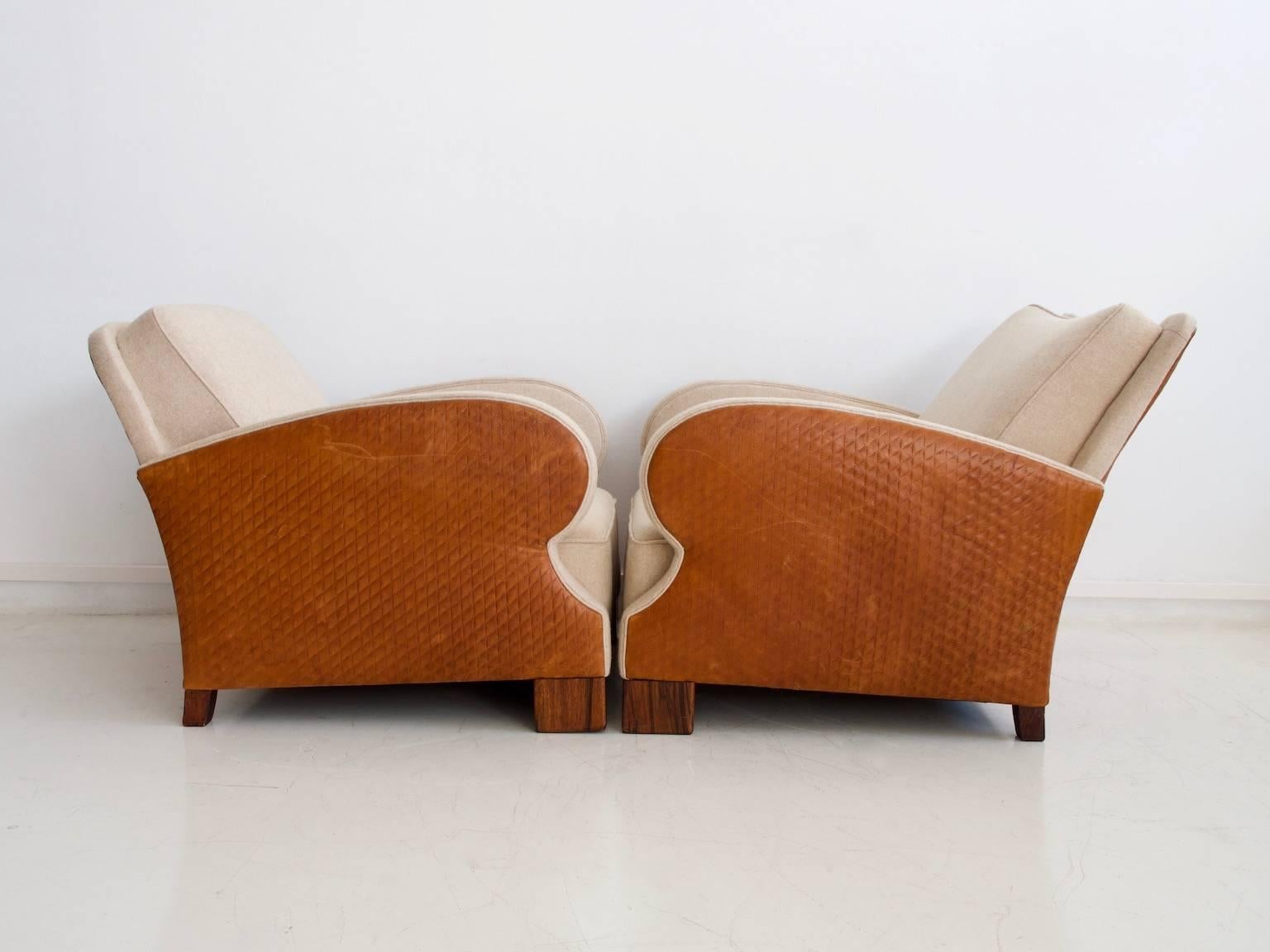 Wood Pair of Art Deco Style Wool and Leather Upholstered Armchairs, circa 1930