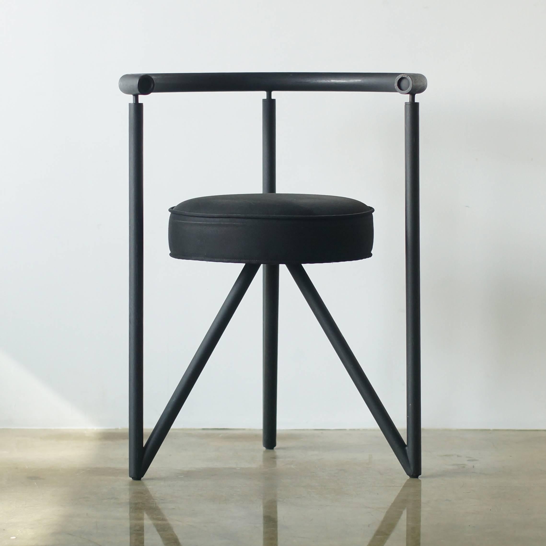 Philippe Starck's Miss Dorn. Set of four. Starck's early works in Postmodern feeling. Seat is black cotton.