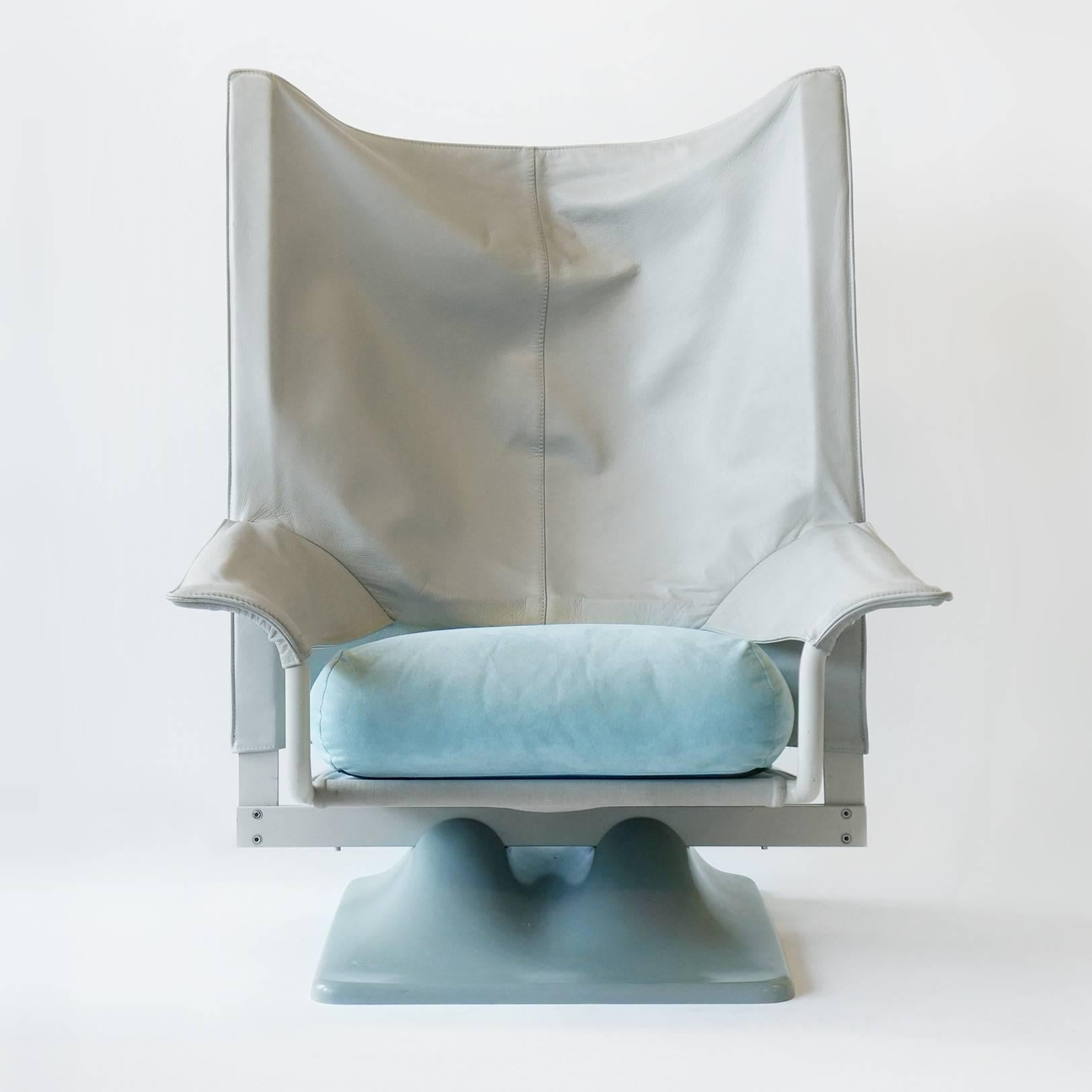 'Aeo' chair by Paolo Deganello for Cassina. It has Light gray leather back and light blue suede seat.
This one is probably 1970s or 1980s made. Because it has old cassina logo on bottom os plastic base.