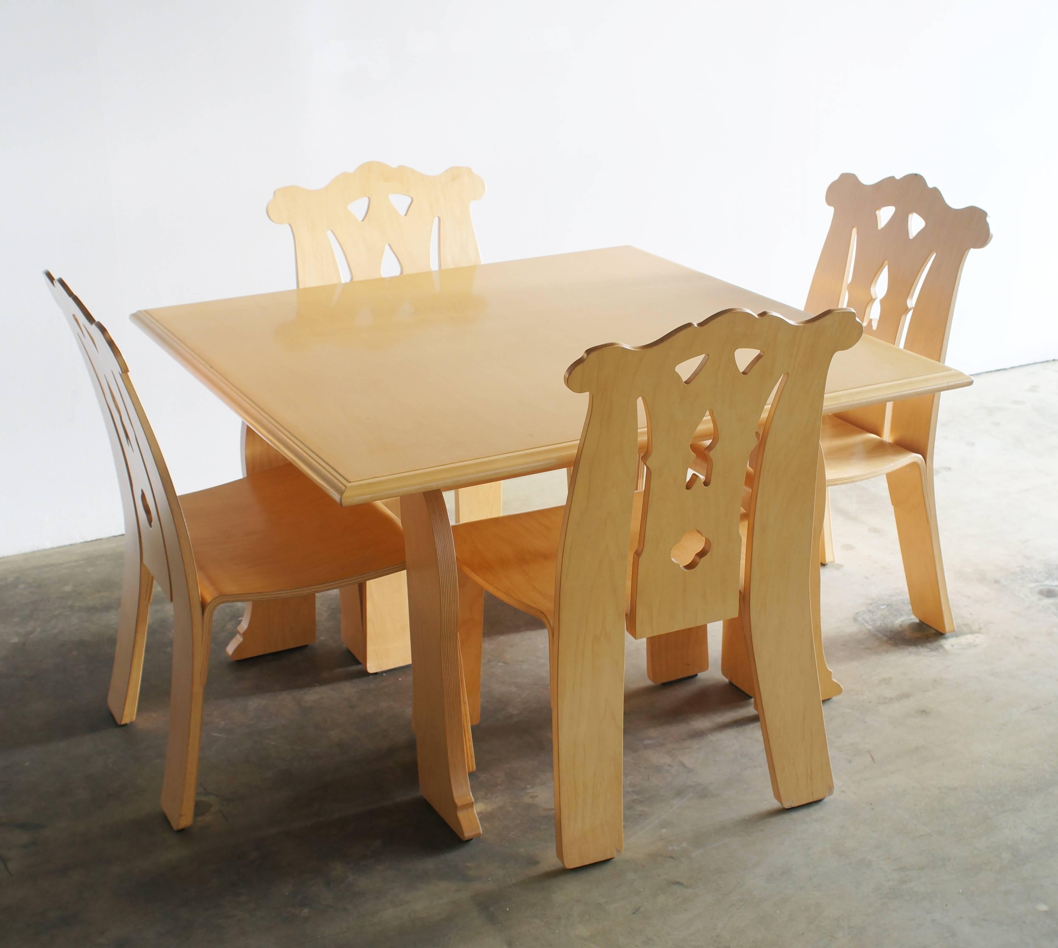 Set of cabriole leg table and four Chippendale chairs. Plywood model.
Table: 122 W x 122 D x 73 H cm
Chair: 60 W x 60 D x 95 H x 45 SH cm.