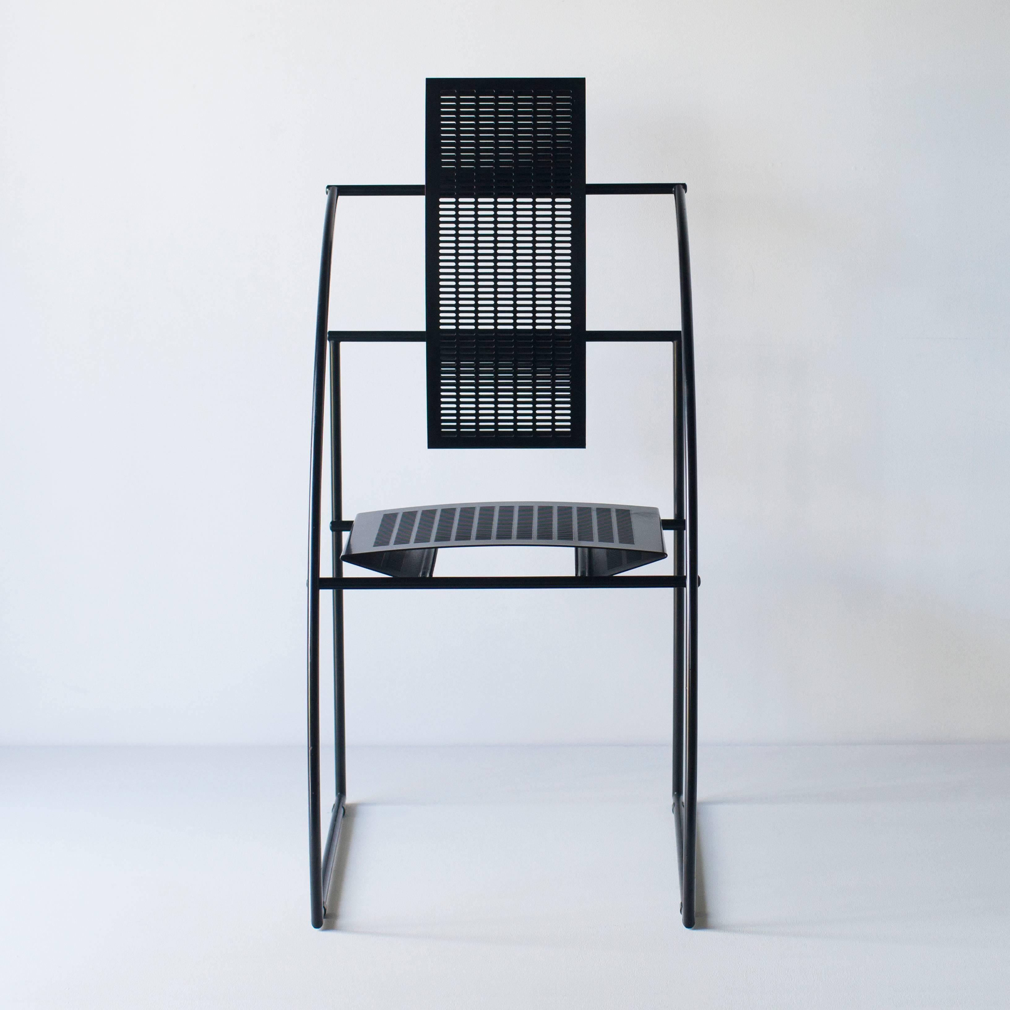 Quinta chair by Italian architect Mario Botta. Black steel pipe frame and black bent punching metal sheet seat and back. It has very interesting form, but comfortable sitting. 