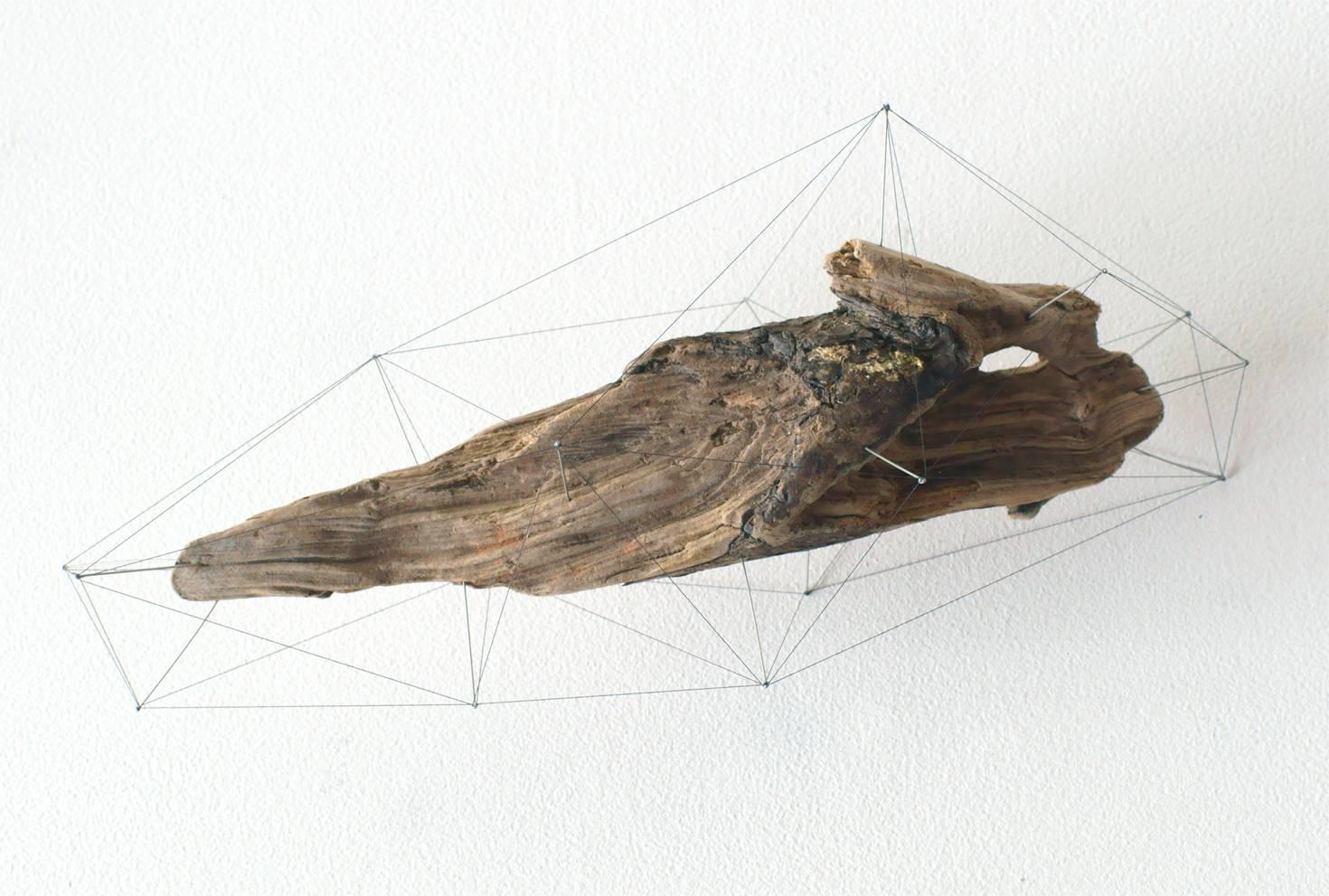 Handmade object made of drift wood, pins and threads. Pins stuck in drift wood, where their tips are tied with threads. It looks like an another crust outside the drift wood, or the three dimensional specimen.

Artist statement:
