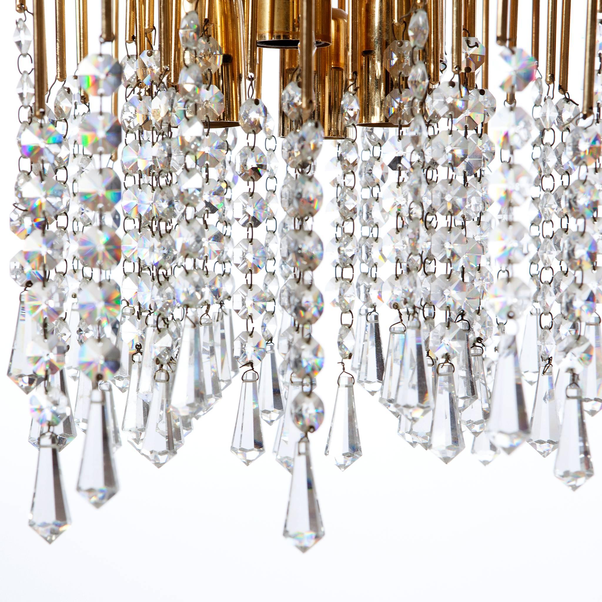 Italian 1960s Gilt Brass and Crystal Chandelier Light Attributed to Palwa For Sale