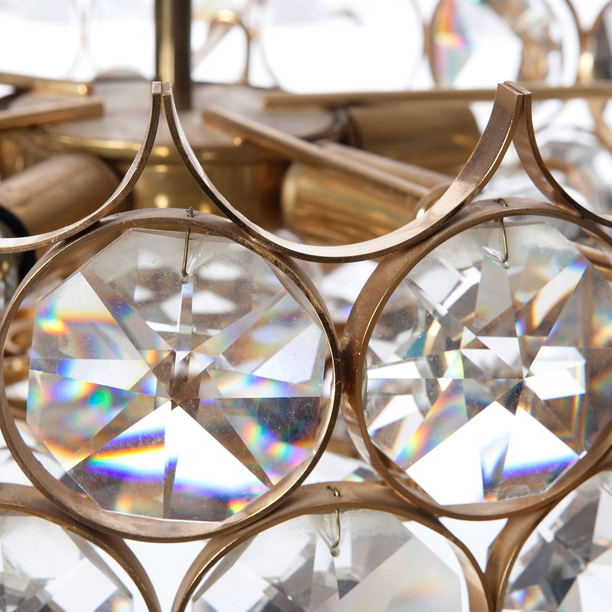 German 1960's Palwa Seven-Light Gilt Brass and Diamond Shaped Crystal Glass Chandelier For Sale