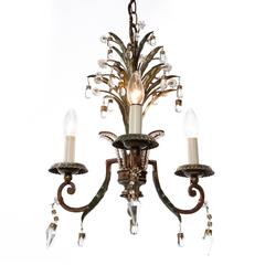 Three-Light Gold and Silver Plated Brass and Crystal Chandelier, 1920s 3