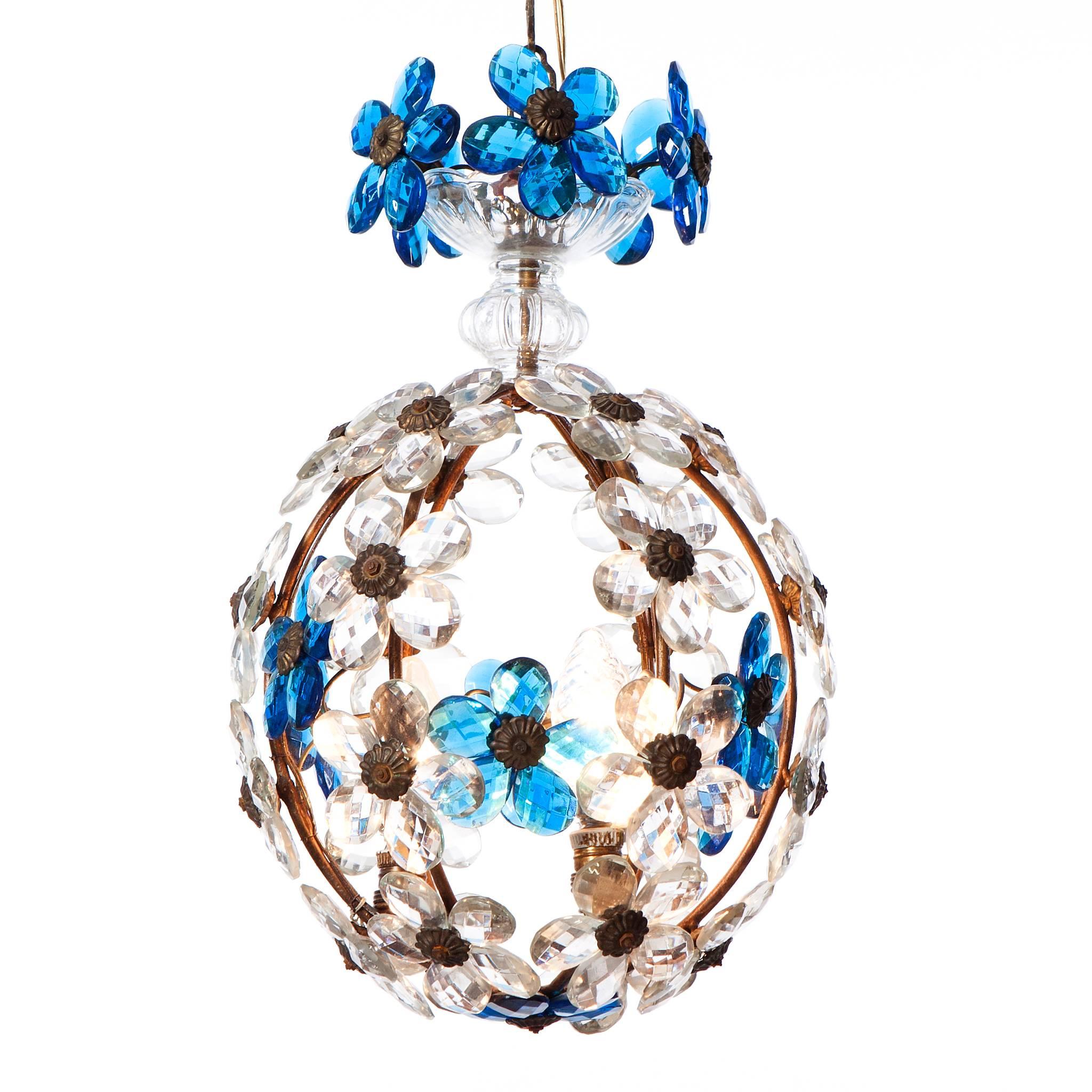 1940's Three-Light French Lantern with Blue Crystal Flowers For Sale