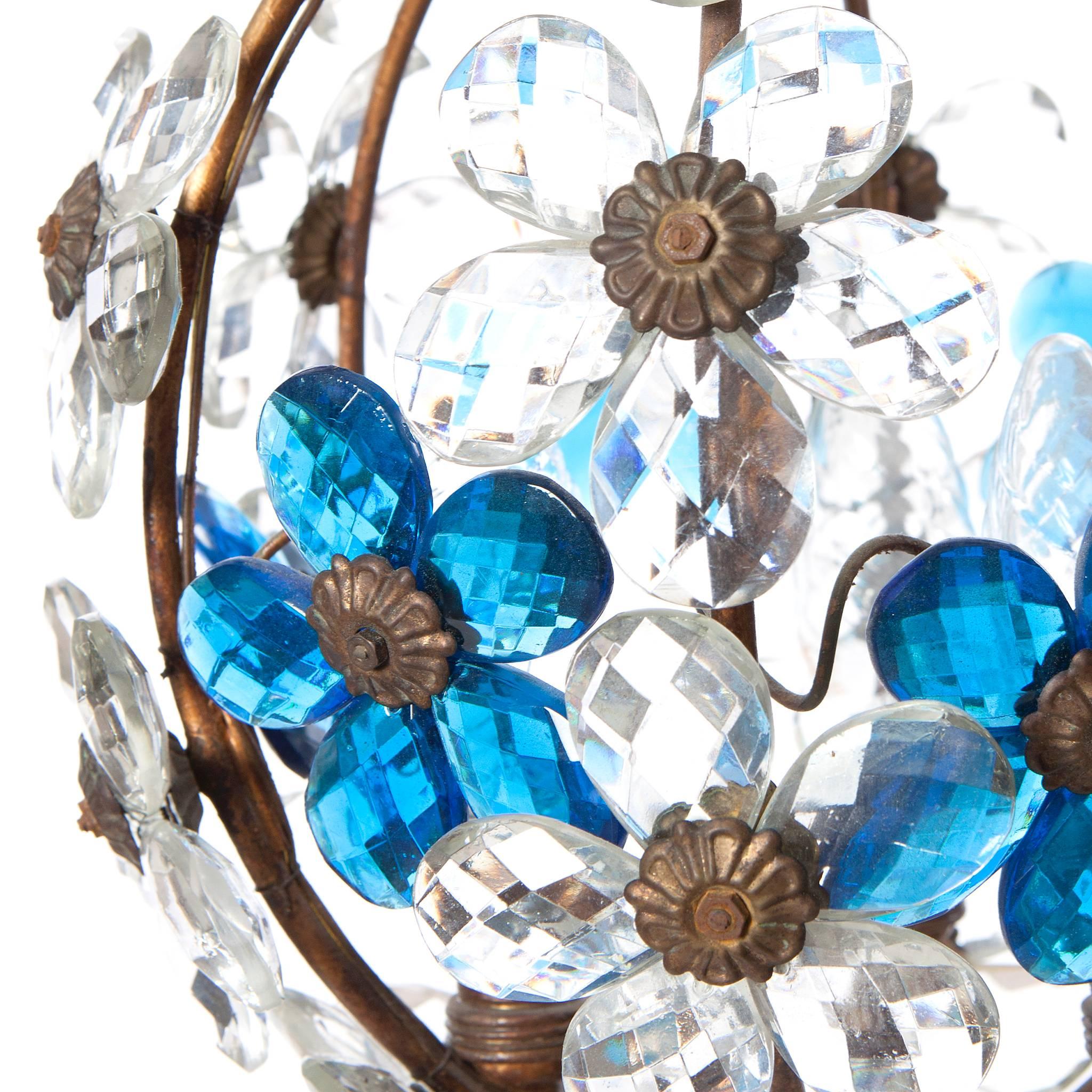 Mid-Century Modern 1940's Three-Light French Lantern with Blue Crystal Flowers For Sale