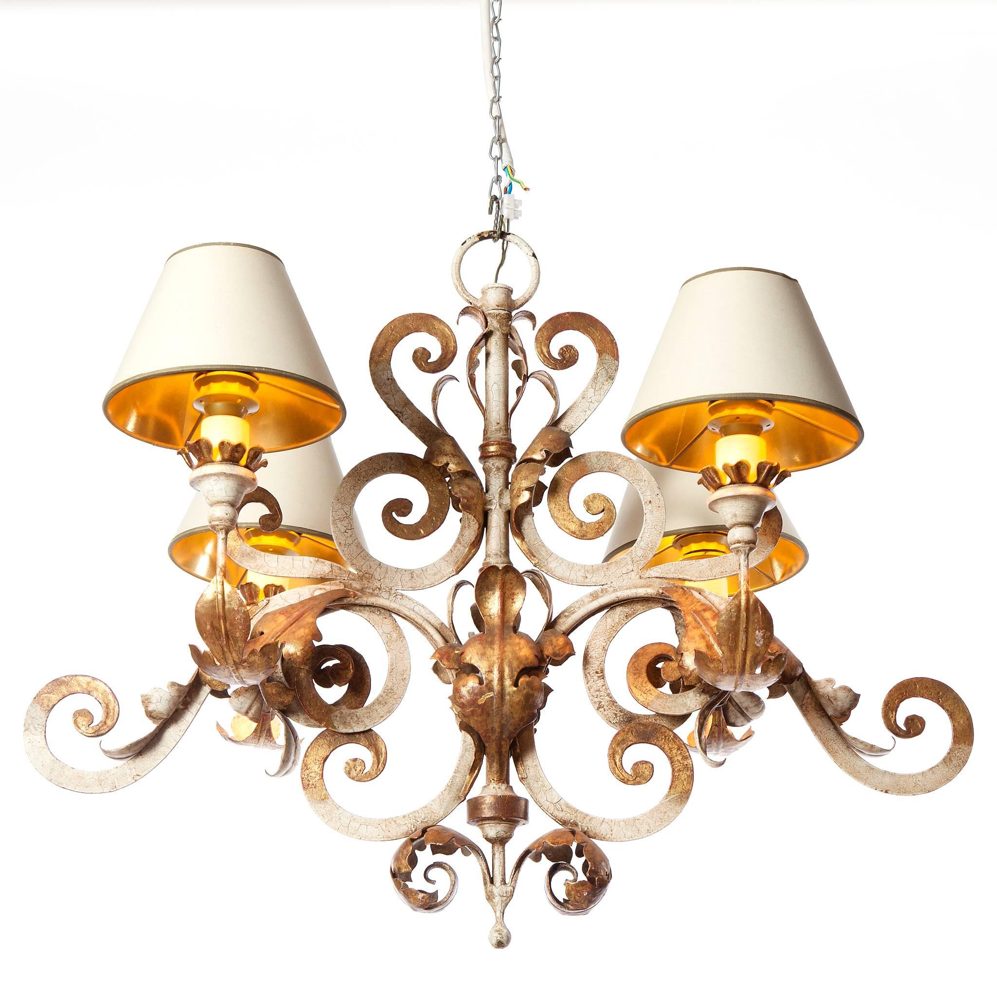 1900s Four-Light Polychrome Gold-Plated Wrought Iron Chandelier by Caldwell