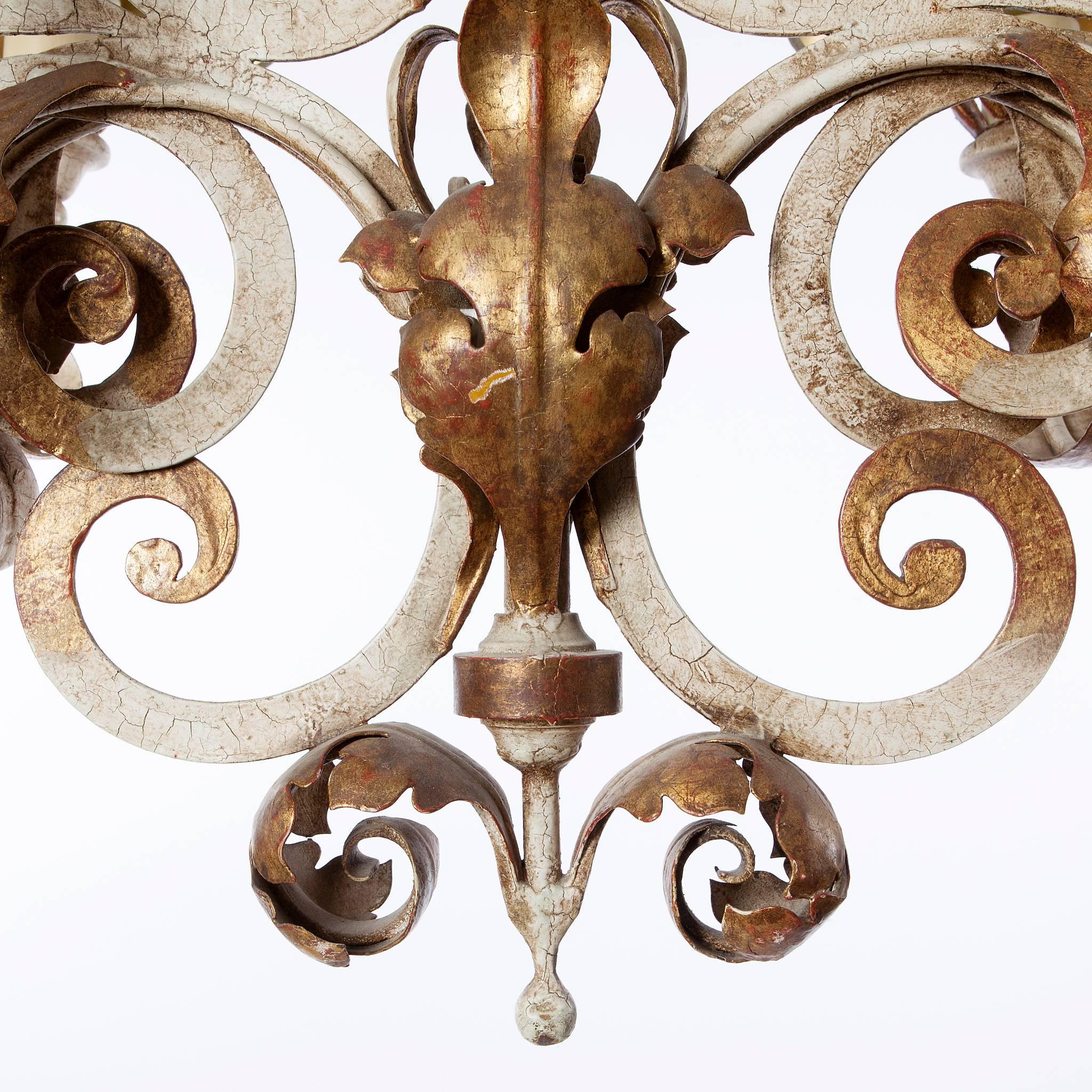 American 1900s Four-Light Polychrome Gold-Plated Wrought Iron Chandelier by Caldwell