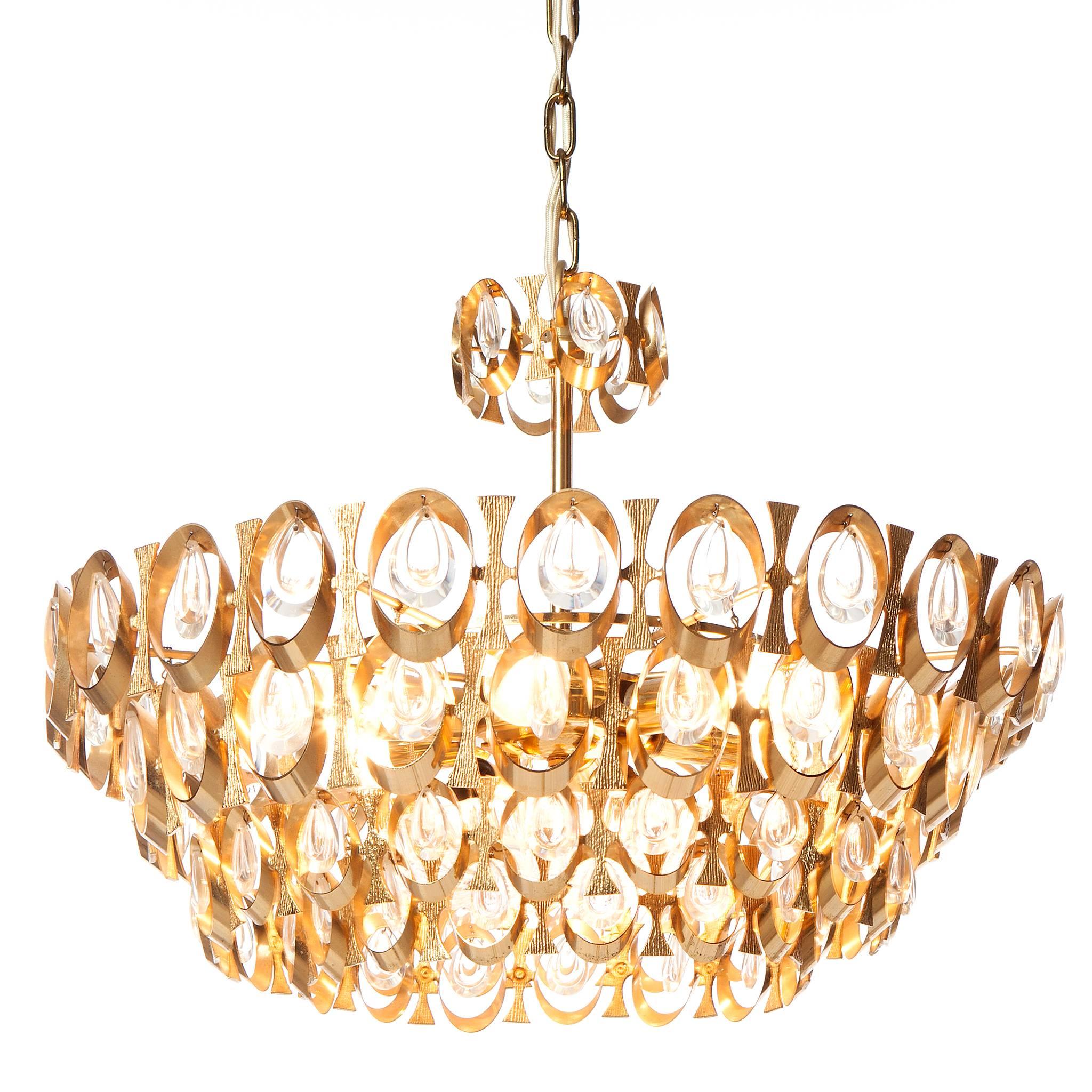 1960's PALWA eight-Light, Gold-Plated Brass and Crystal Chandelier