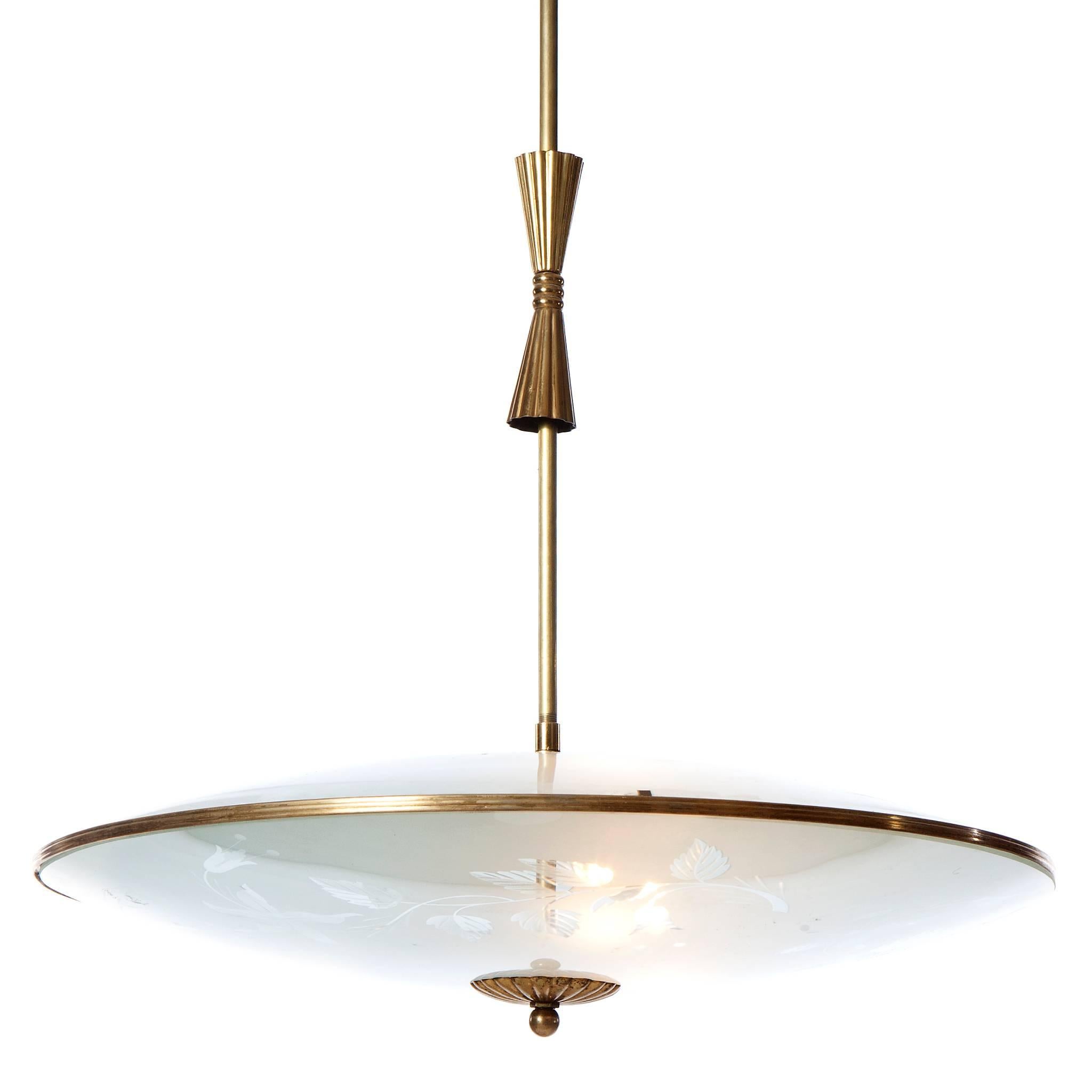 1940s Three-Light Brass and Glass Pendant by Fontana Attributed to Pietro Chiesa