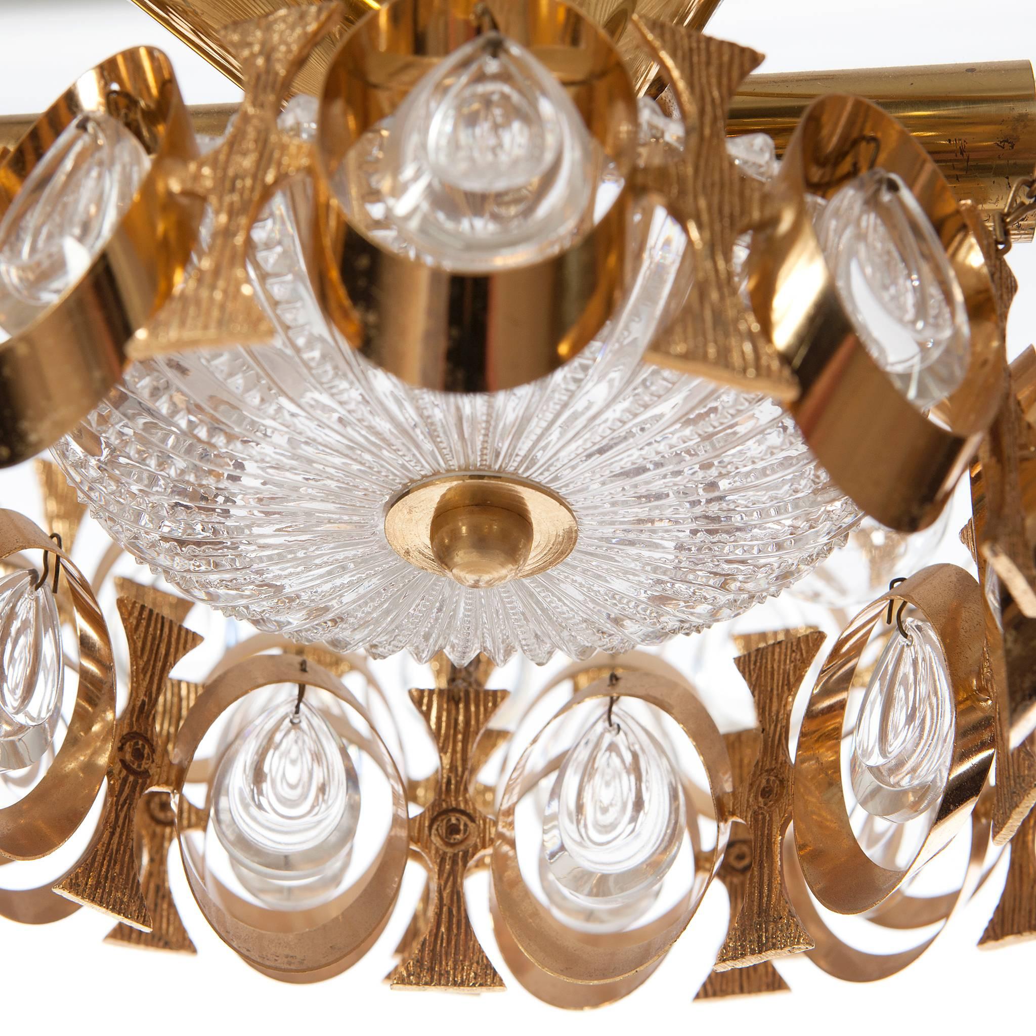 Mid-Century Modern 1960s Palwa Six-Light Crystal Glass and Gilt Brass Chandelier by PALWA