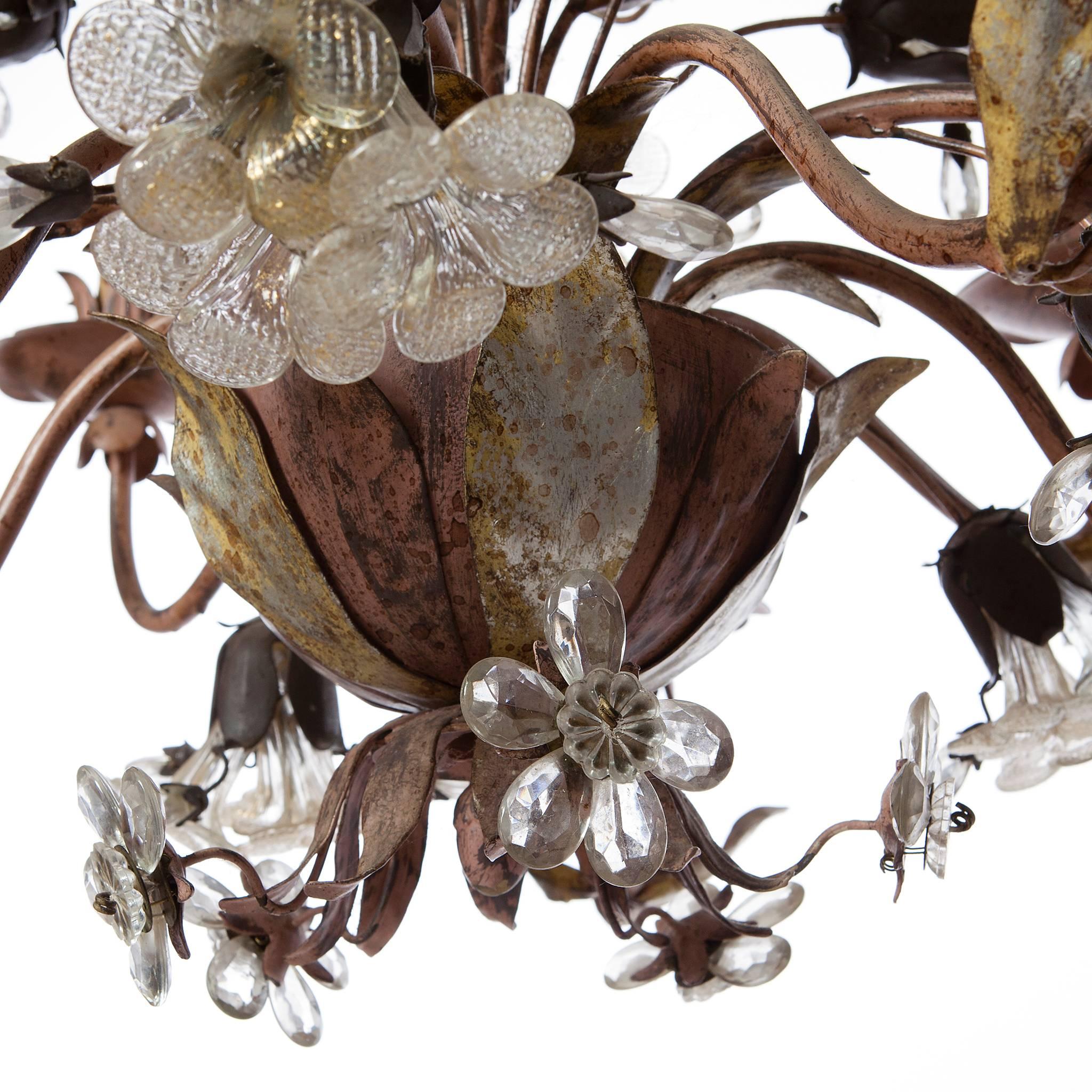 Silvered Unique 1930s Italian Outdoor Chandelier Silver Plated Brass and Crystal Flowers
