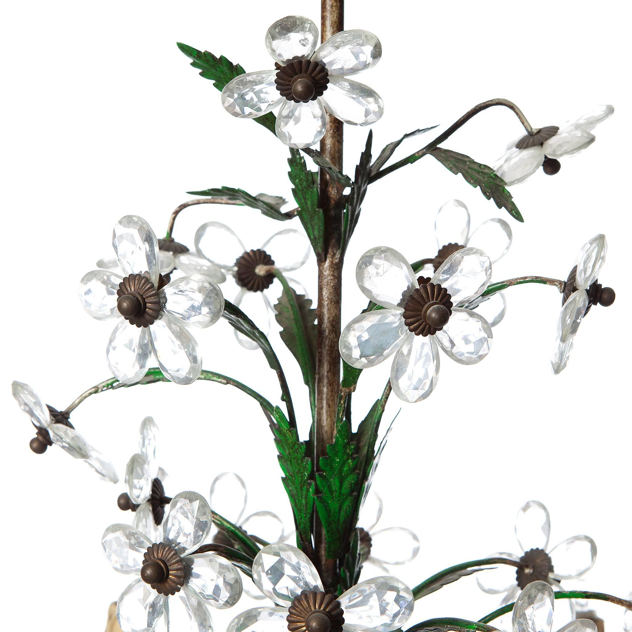 Stunning 1950s (partially colored) brass polychrome and crystal flowers chandelier attributed to Maison Baguès.