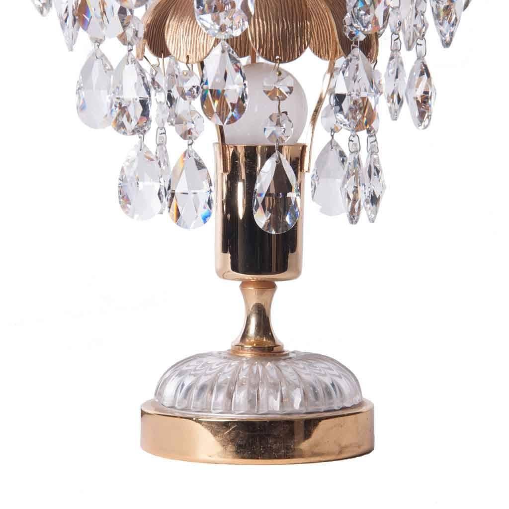 Stunning gilt brass stem and leaves with hanging small and large crystal drops. Beautiful table lamp by Palwa, circa 1960s.
