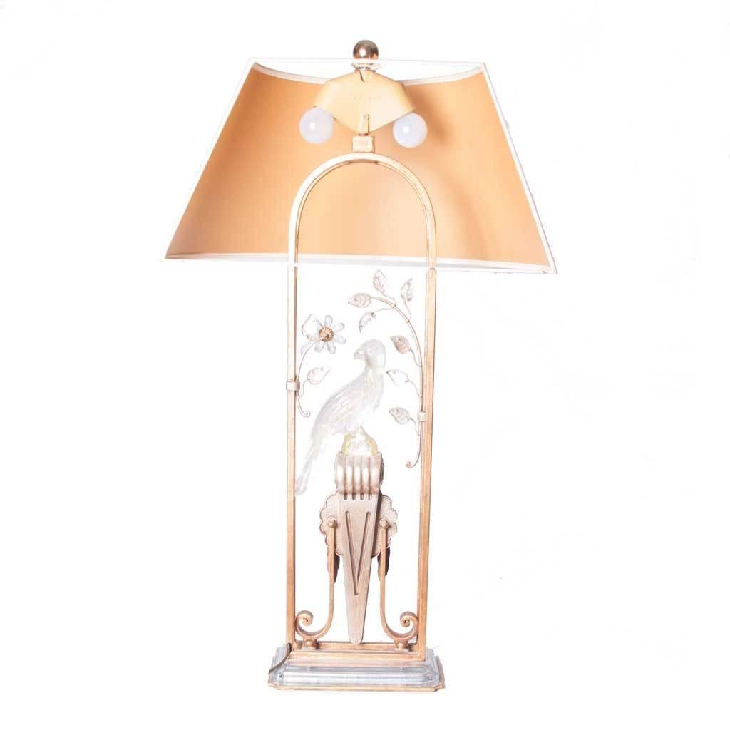 French Gilt Metal and Crystal Parrot Table Lamp in the Style of Maison Baguès For Sale