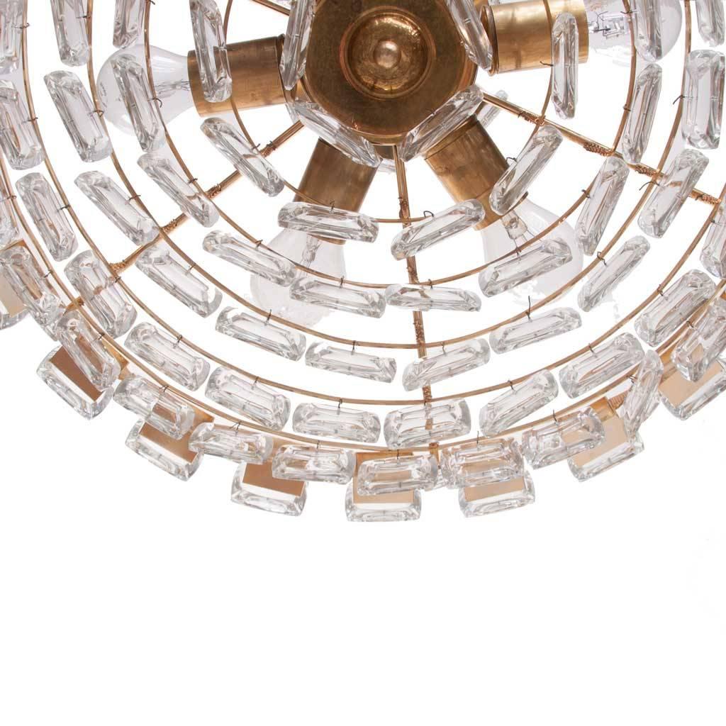 Elegant six-tier chandelier with crystal glass square ornaments hanging from gold-plated brass frame, 1960s, Germany.