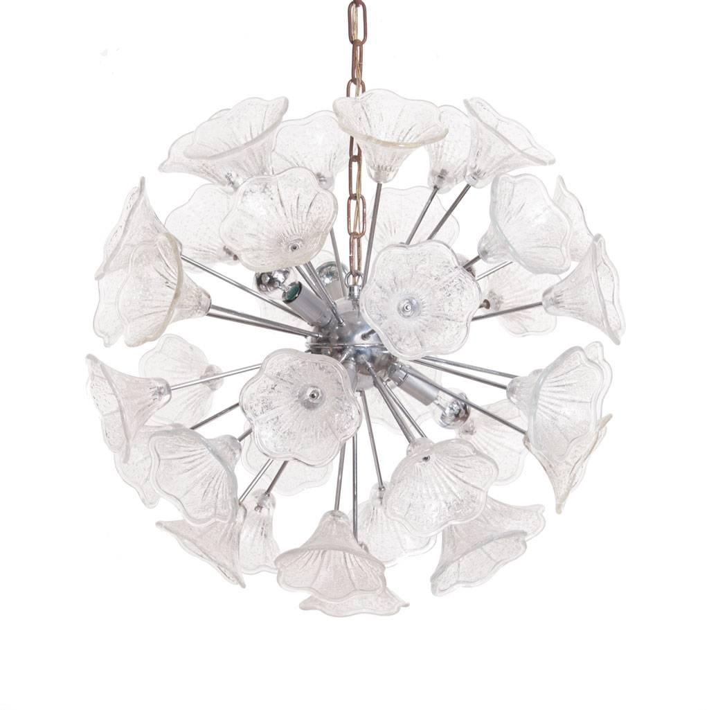 20th Century 1960s Murano Glass and Chrome, Six-Light Flower Chandelier For Sale