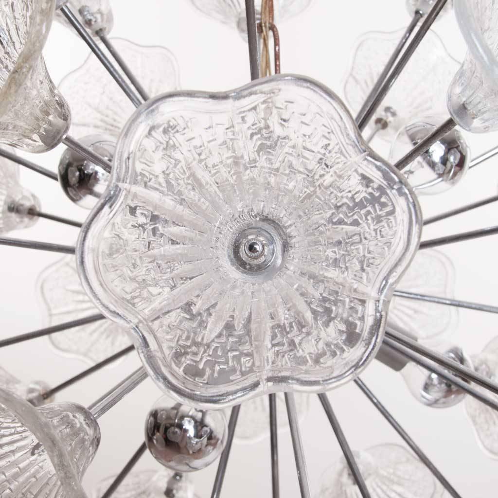 Mid-Century Modern 1960s Murano Glass and Chrome, Six-Light Flower Chandelier For Sale