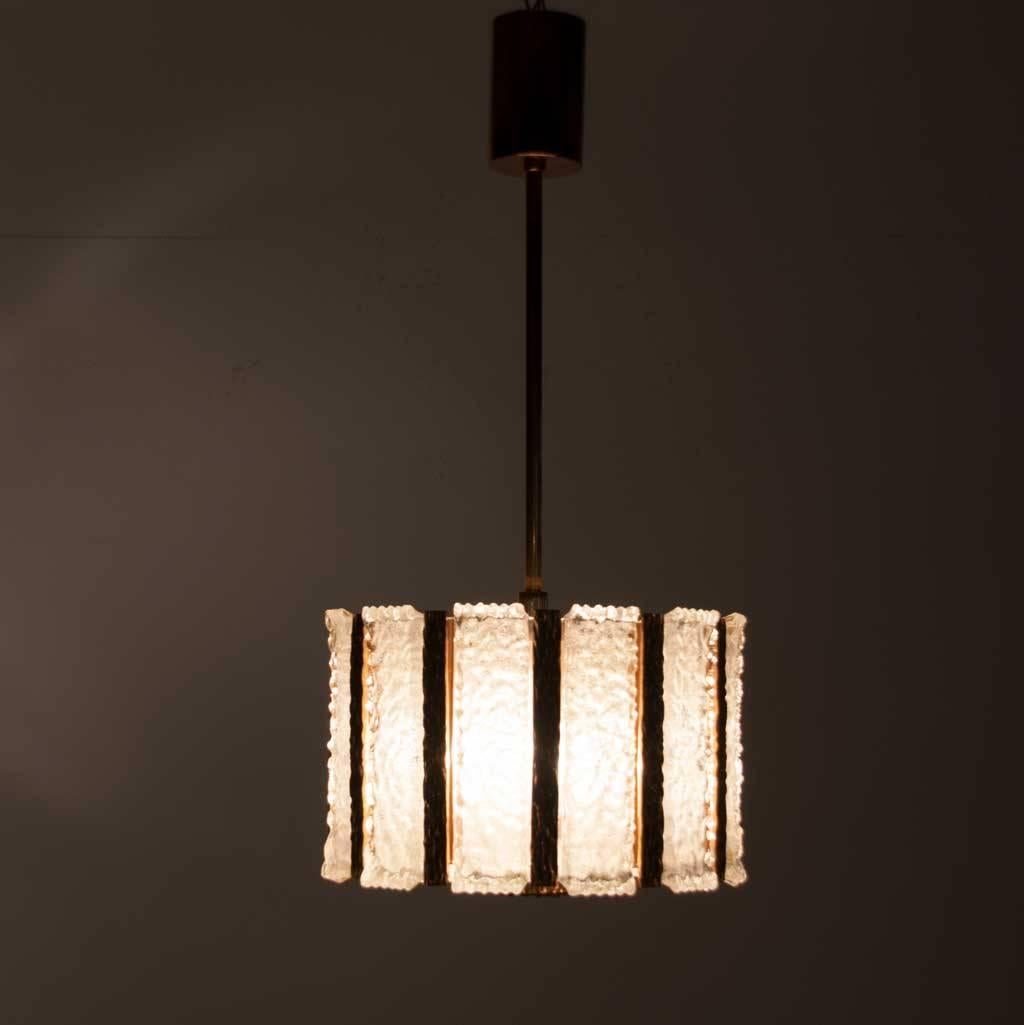 1950s Four-Light Gilt Brass and Frosted Glass Chandelier by Kalmar 2