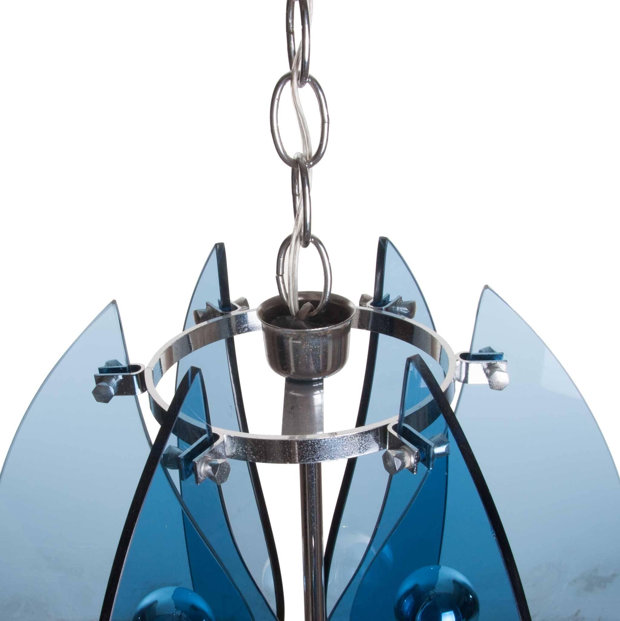 Mid-Century Modern 1960's Blue Glass & Chrome 3 light Pendant Attirbuted to Veca For Sale