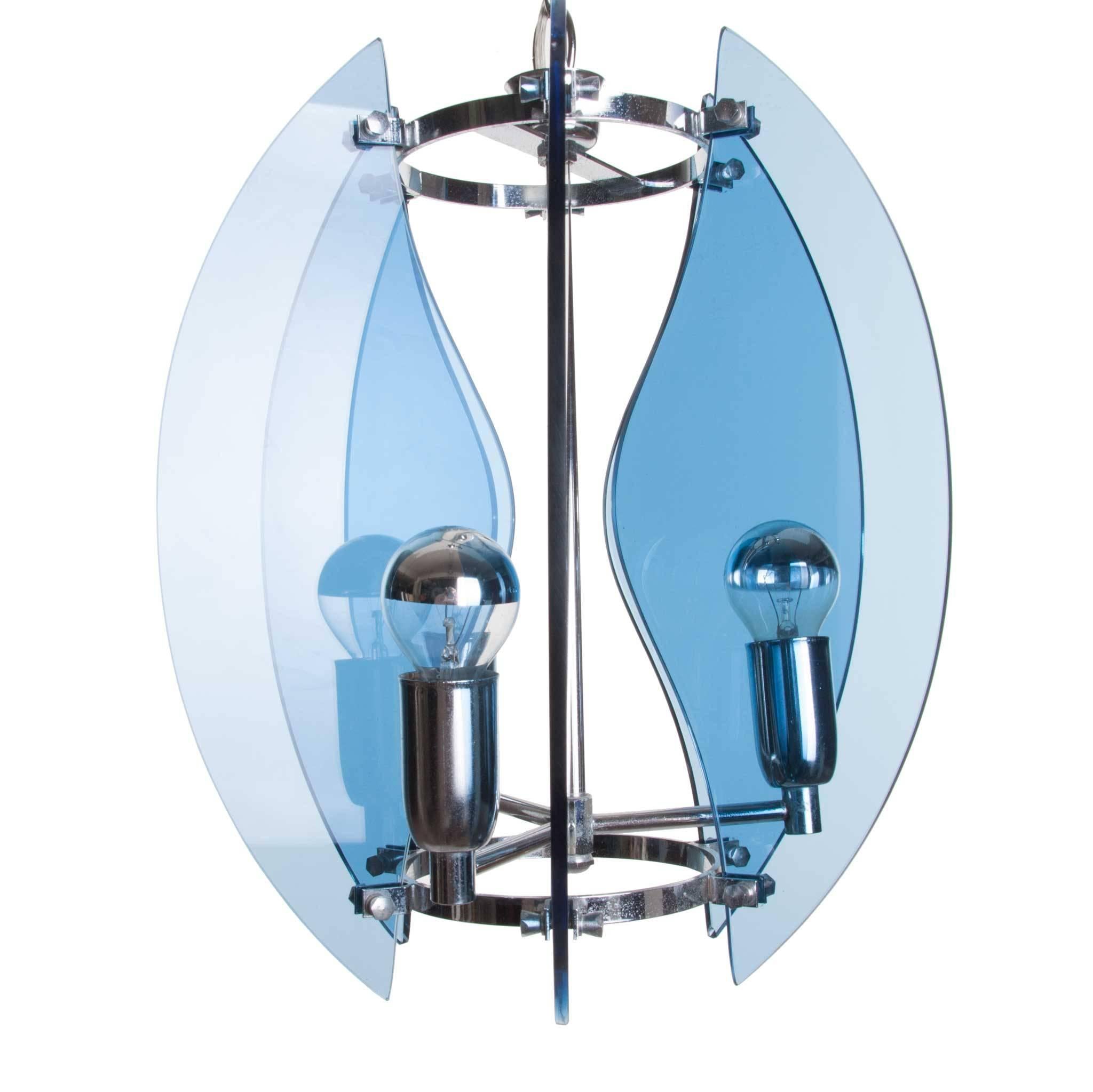 Sleek and stylish pennant attributed to Veca consists of six blue glass panels that are attached to a chromed metal frame. 
Veca was specialized in the production of glass lighting and mirrors made out of flat rolled glass. An Italian company active