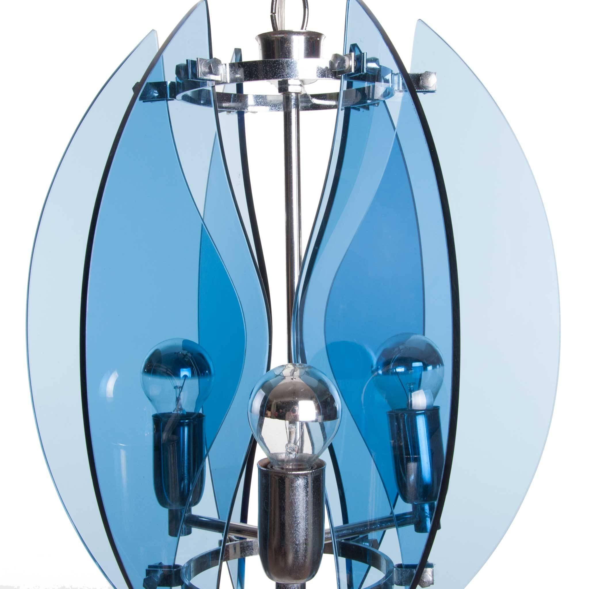Italian 1960's Blue Glass & Chrome 3 light Pendant Attirbuted to Veca For Sale