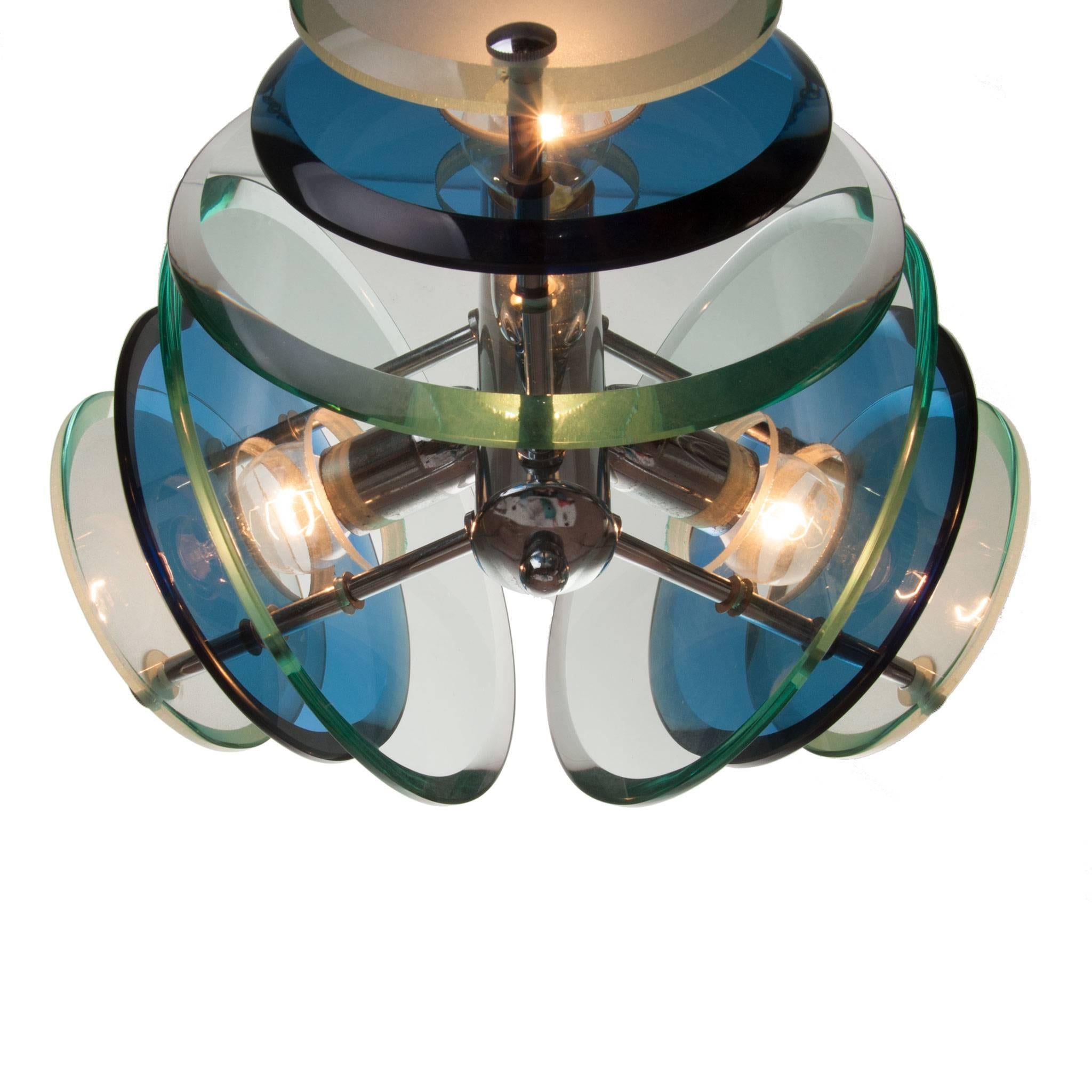 Lampe à suspension en chrome et verre des années 1970 attribuée à Veca Excellent état - En vente à Schoorl, NL