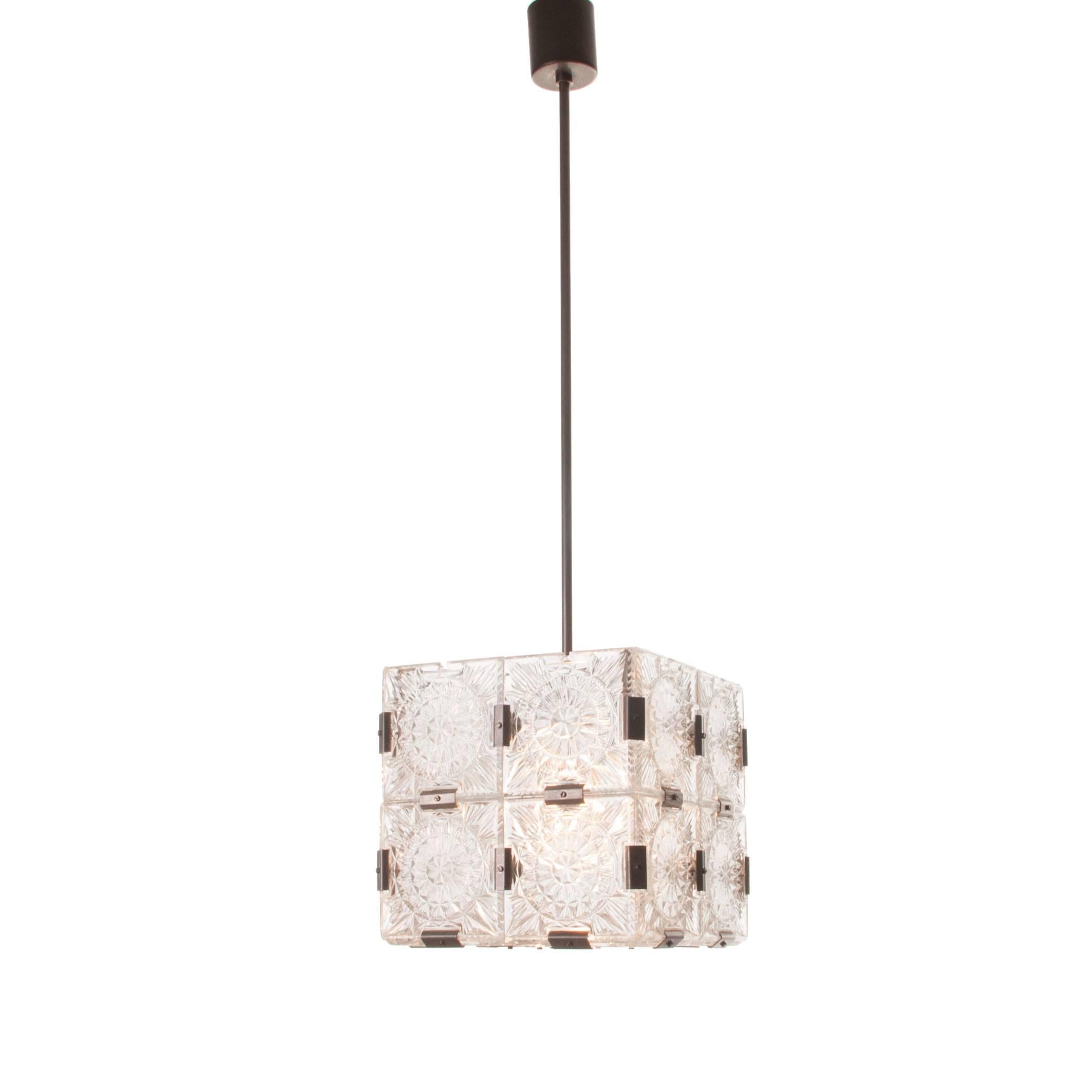 1960s Cubic Glass and Steel Pendant Light by Designer J.T Kalmar For Sale 2