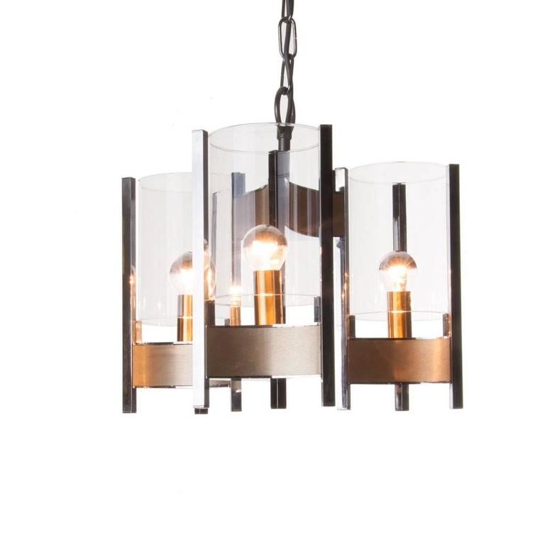1970s Chrome, Brushed Brass and Glass Chandelier by Sciolari For Sale