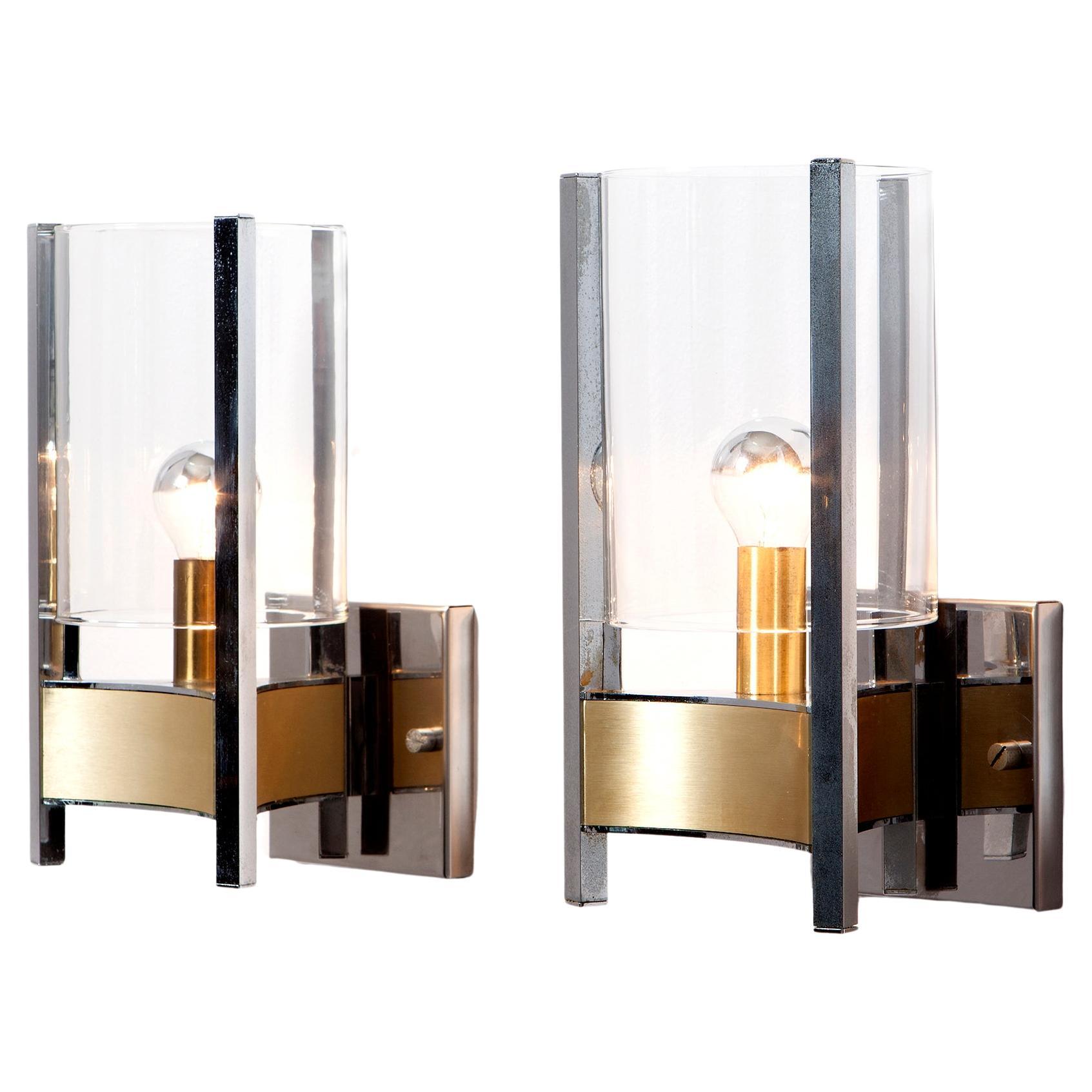 1970s Chrome, Brushed Brass and Glass Sconces by Gaetano Sciolari