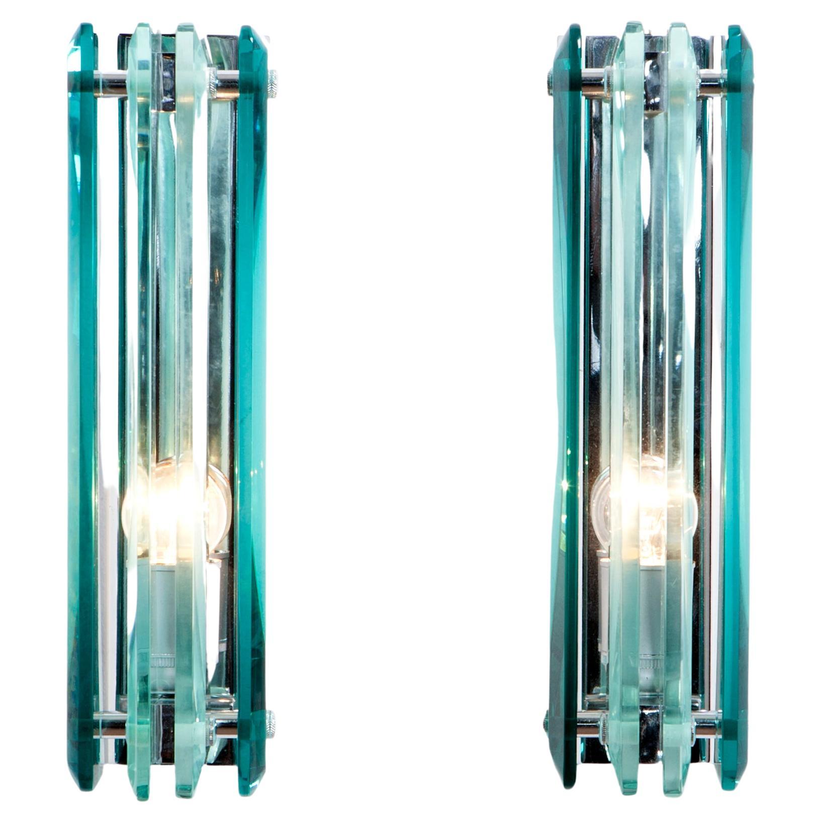 1970s Thick Glass and Chrome Sconces Attributed to Cristal Arte For Sale