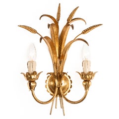 Vintage 1960s Gilt Metal Wheat Wall Sconce, Hollywood Regency 
