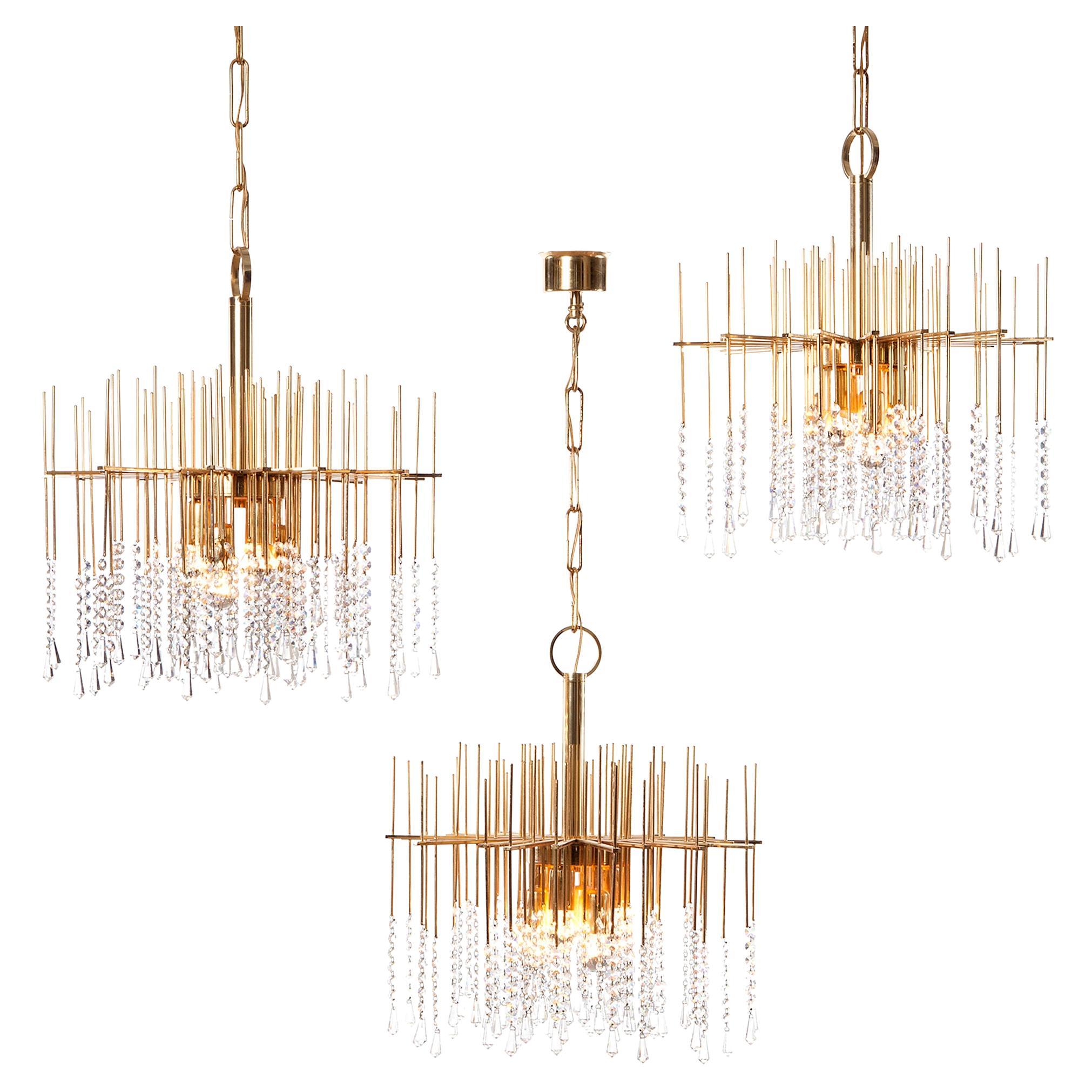 1960s Gilt Brass and Crystal Chandelier Light Attributed to Palwa For Sale