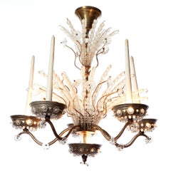 1920s Ten-Light Silver Plated and Crystal Chandelier attributed to Maison Bagues